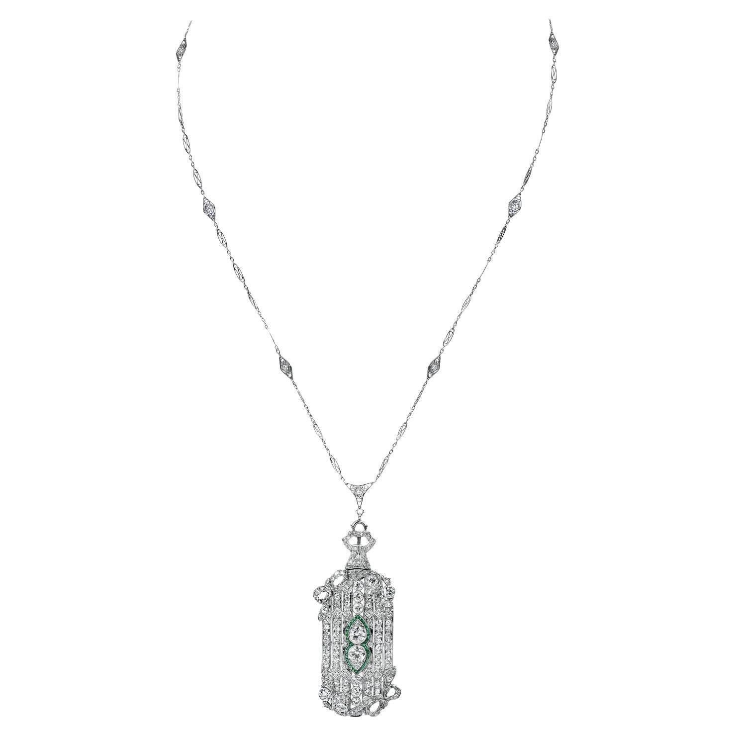 Antique Art Deco Diamond Emerald Platinum Bow Brooch Pendant Necklace For Sale