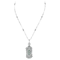 Antique Art Deco Diamond Emerald Platinum Bow Brooch Pendant Necklace
