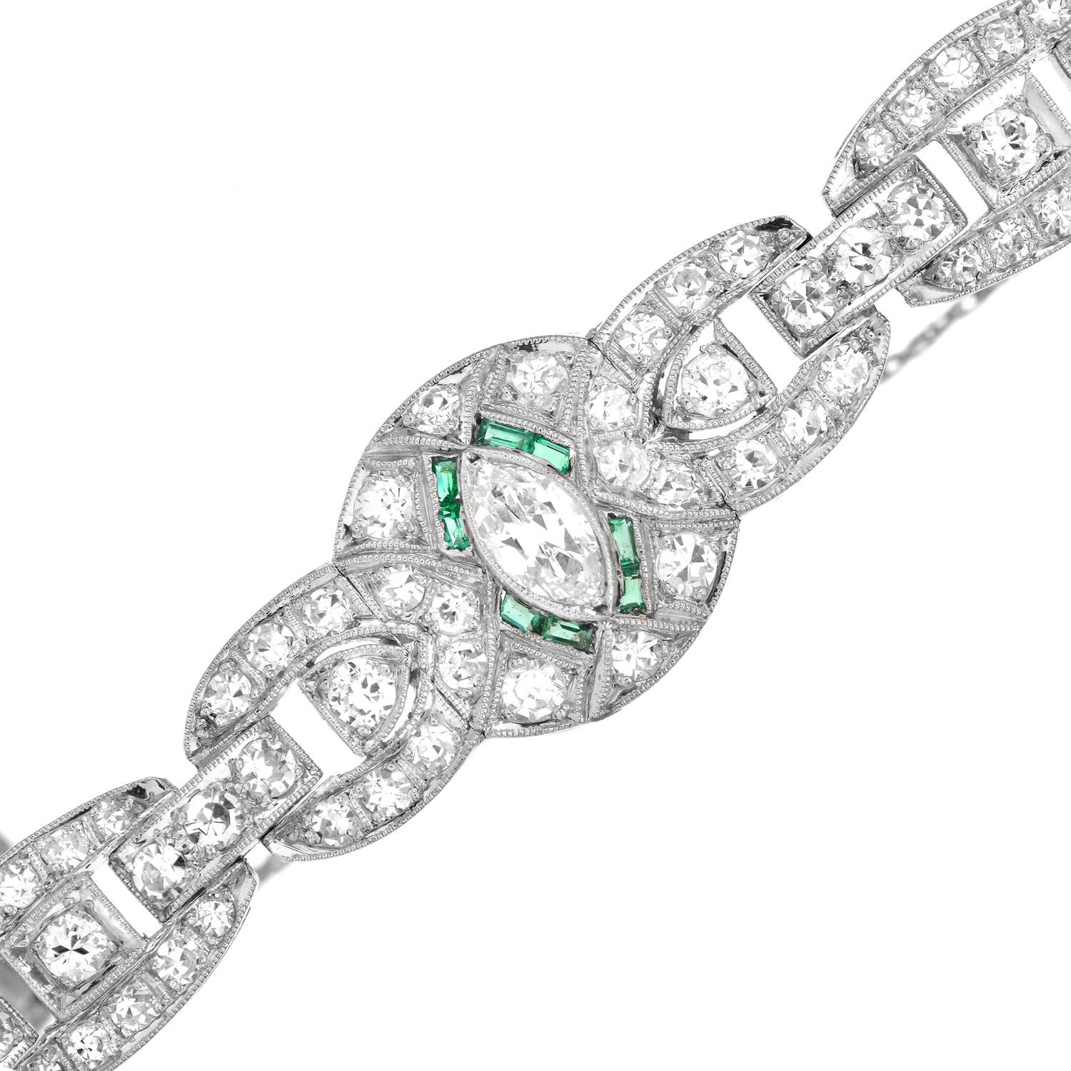 Round Cut Antique Art Deco Diamond Emerald Platinum Filigree Bracelet