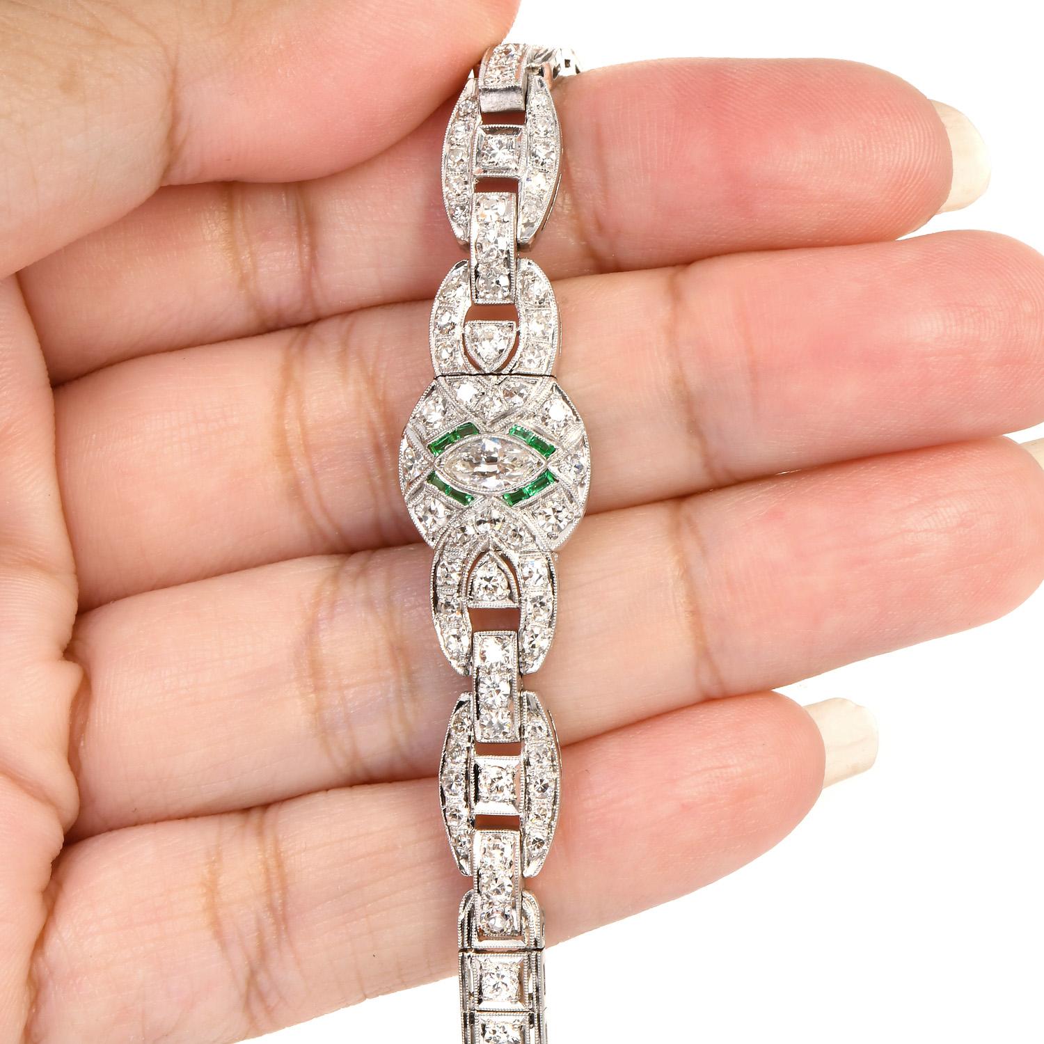 Women's Antique Art Deco Diamond Emerald Platinum Filigree Bracelet