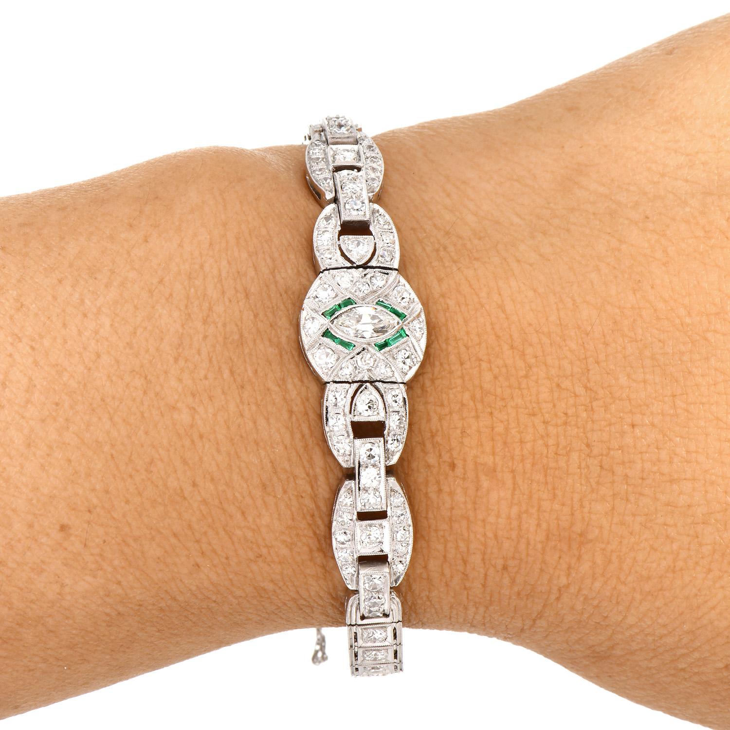 Antique Art Deco Diamond Emerald Platinum Filigree Bracelet 1