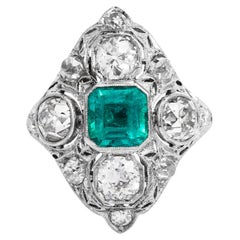 Antique Art Deco Diamond Emerald Platinum Filigree Navette Cocktail Ring