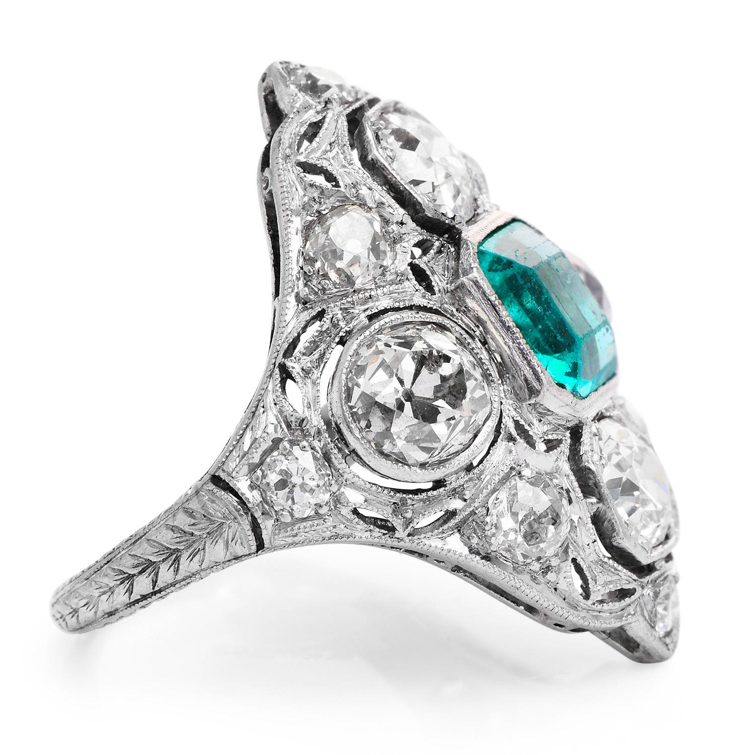 Antique Art Deco Diamond Emerald Platinum Filigree Navette Cocktail Ring  In Excellent Condition For Sale In Miami, FL