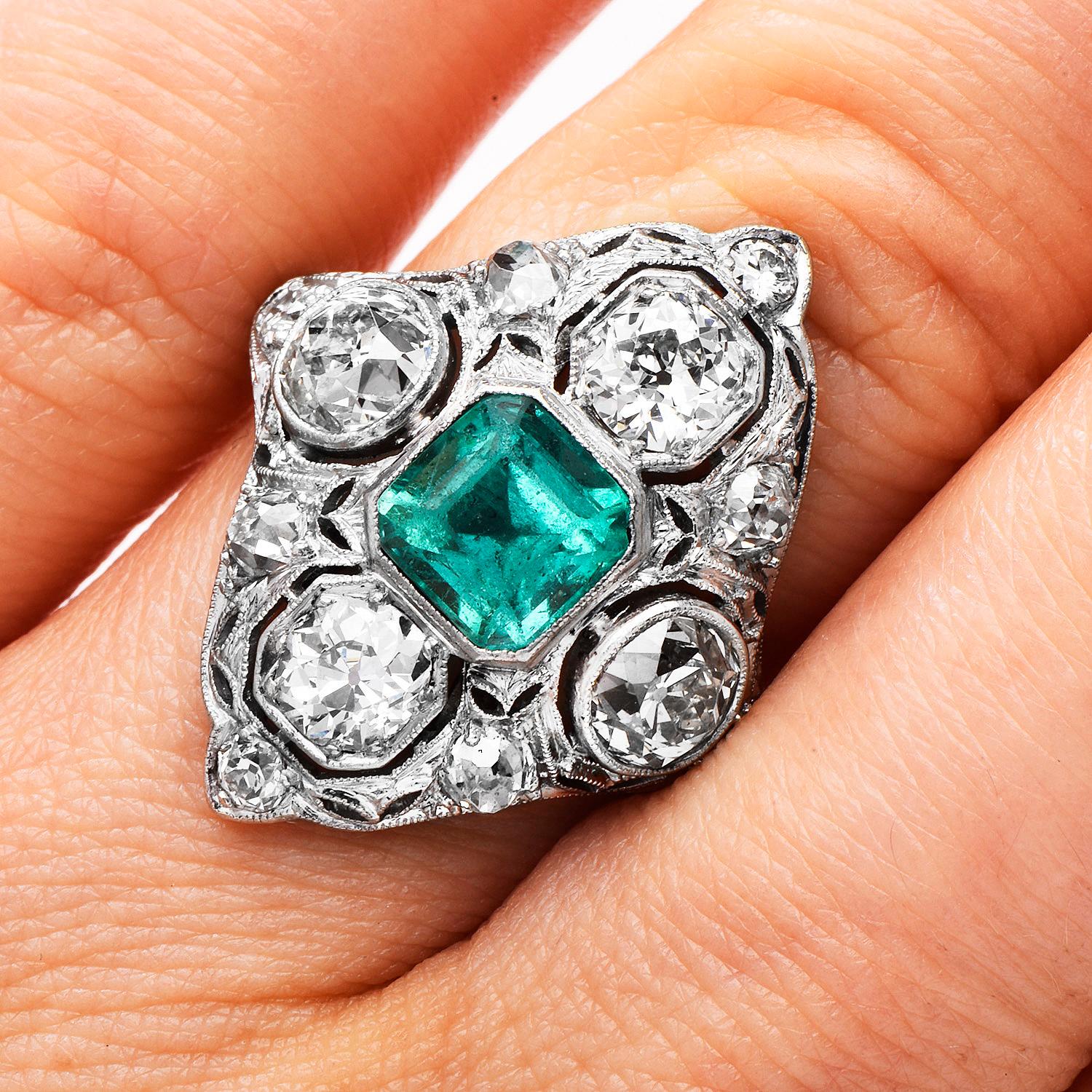 Women's Antique Art Deco Diamond Emerald Platinum Filigree Navette Cocktail Ring  For Sale