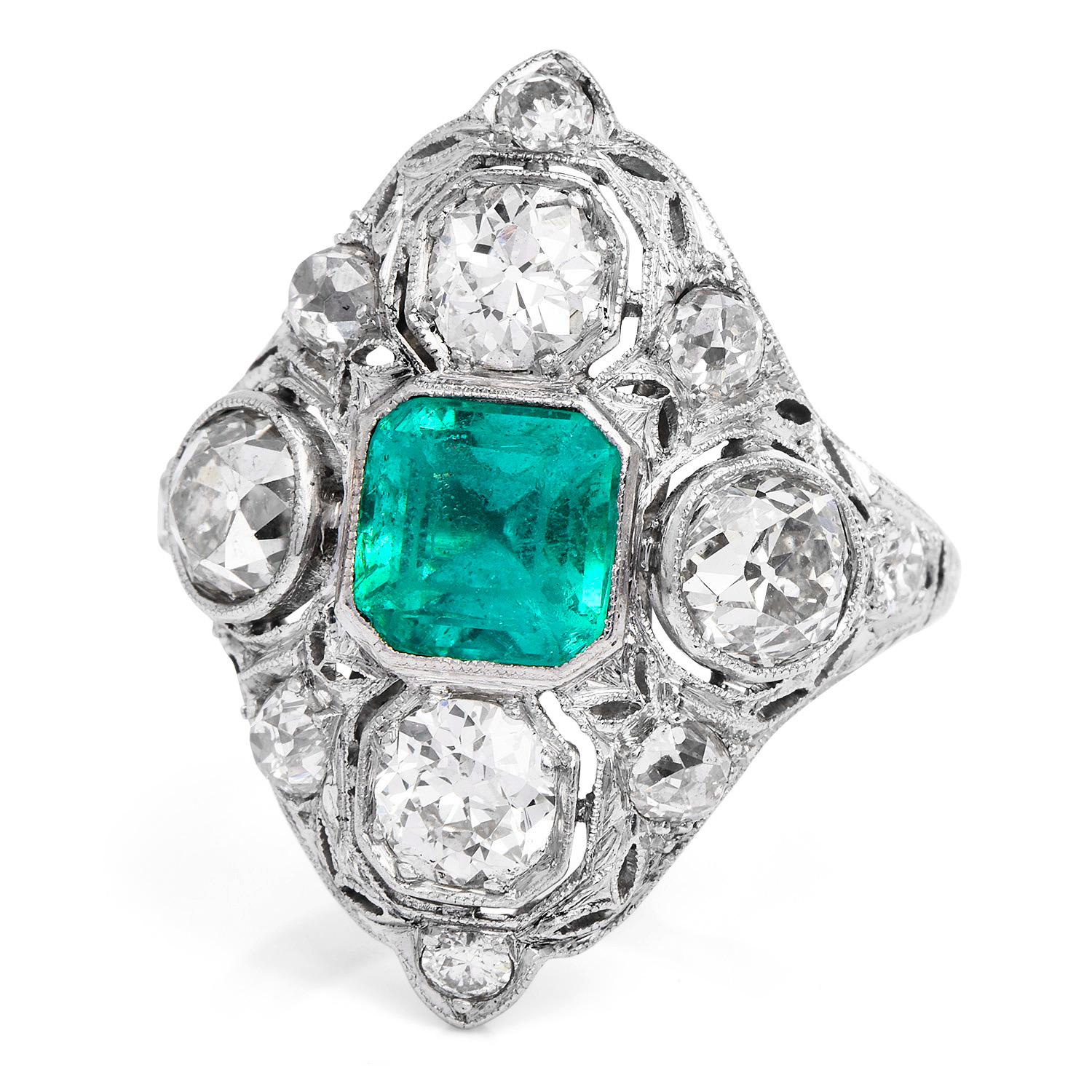 Antique Art Deco Diamond Emerald Platinum Filigree Navette Cocktail Ring  For Sale 1