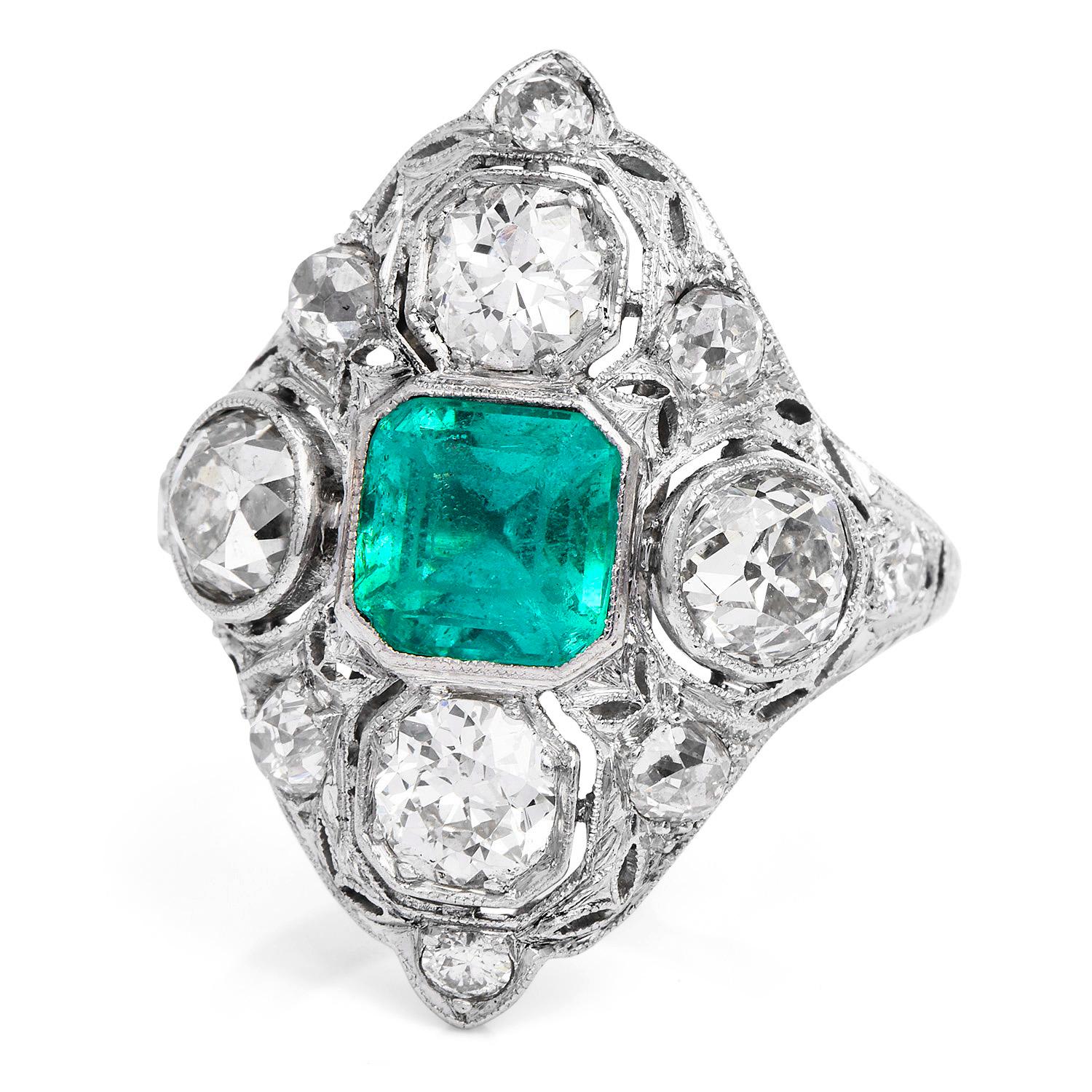 Antique Art Deco Diamond Emerald Platinum Filigree Navette Cocktail Ring For Sale 1