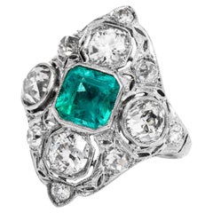 Vintage Art Deco Diamond Emerald Platinum Filigree Navette Cocktail Ring 