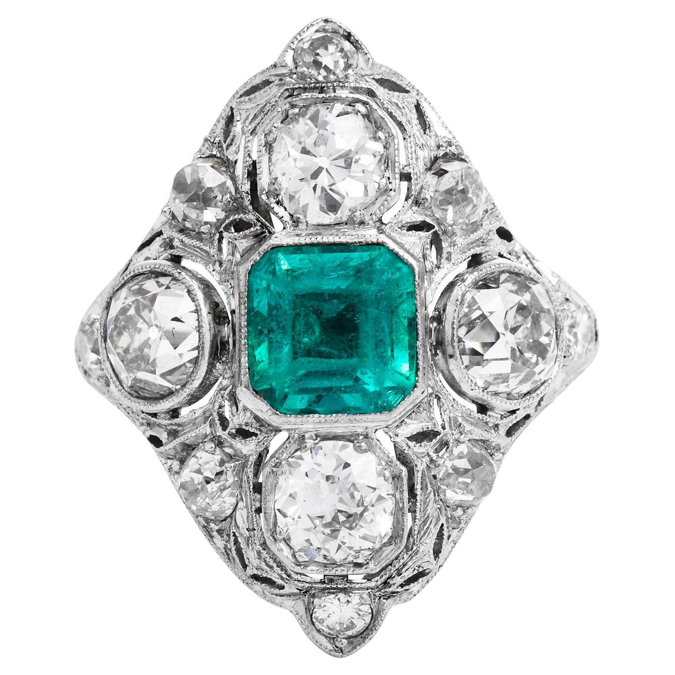 Antique Art Deco Diamond Emerald Platinum Filigree Navette Cocktail Ring Stand O