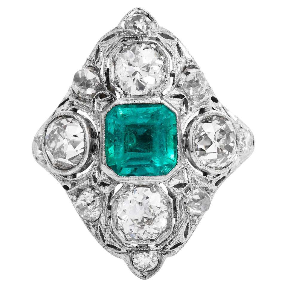 Antique Art Deco Diamond Emerald Platinum Filigree Navette Cocktail ...