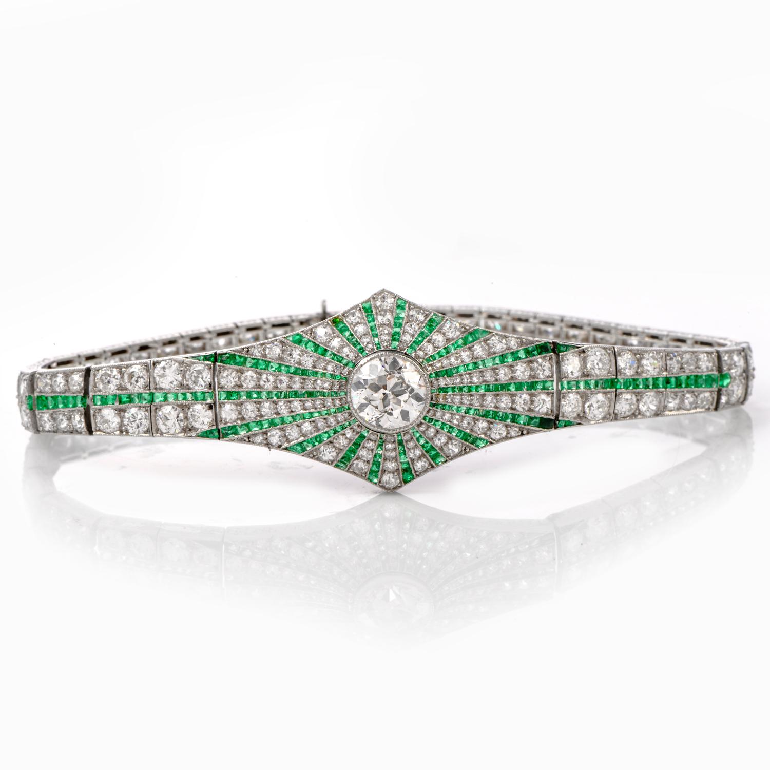 French Cut Antique  Art Deco Diamond Emerald Platinum Starburst Bracelet For Sale