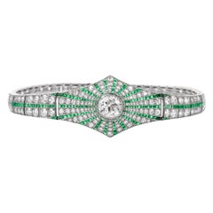 Antique  Art Deco Diamond Emerald Platinum Starburst Bracelet