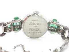 Antique Art Deco Diamond Emerald Round Mechanical Swiss Watch Mesh Link Bracelet