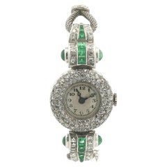Antique Art Deco Diamond Emerald Round Mechanical Swiss Watch Mesh Link Bracelet
