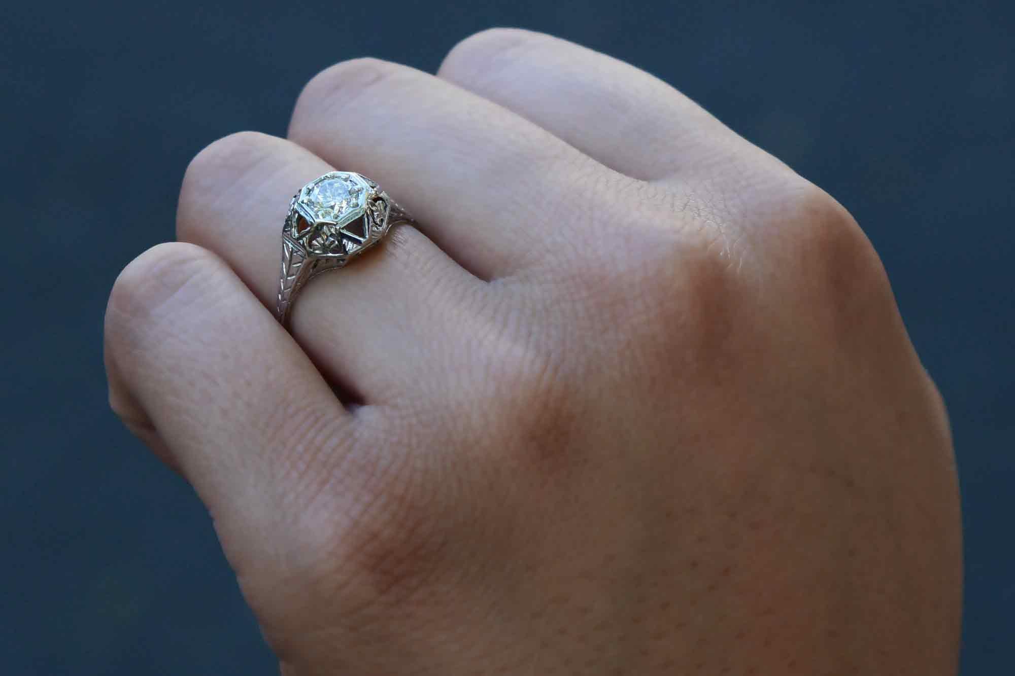 Round Cut Antique Art Deco Diamond Engraved Engagement Ring For Sale