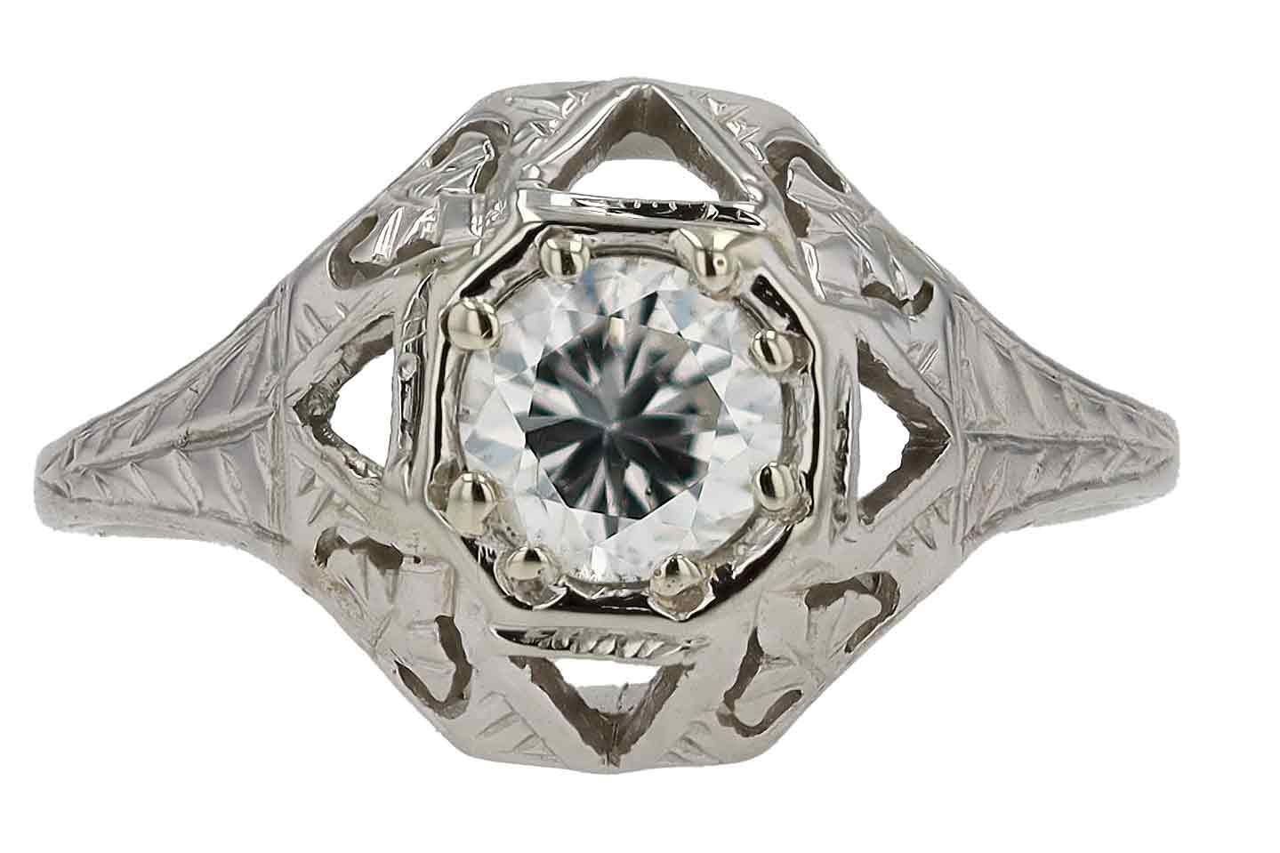 Antique Art Deco Diamond Engraved Engagement Ring In Good Condition For Sale In Santa Barbara, CA