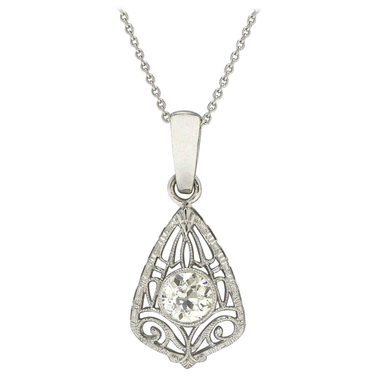 Antique Art Deco Diamond Filigree Pendant Necklace Old European Cut 3/4 Carat