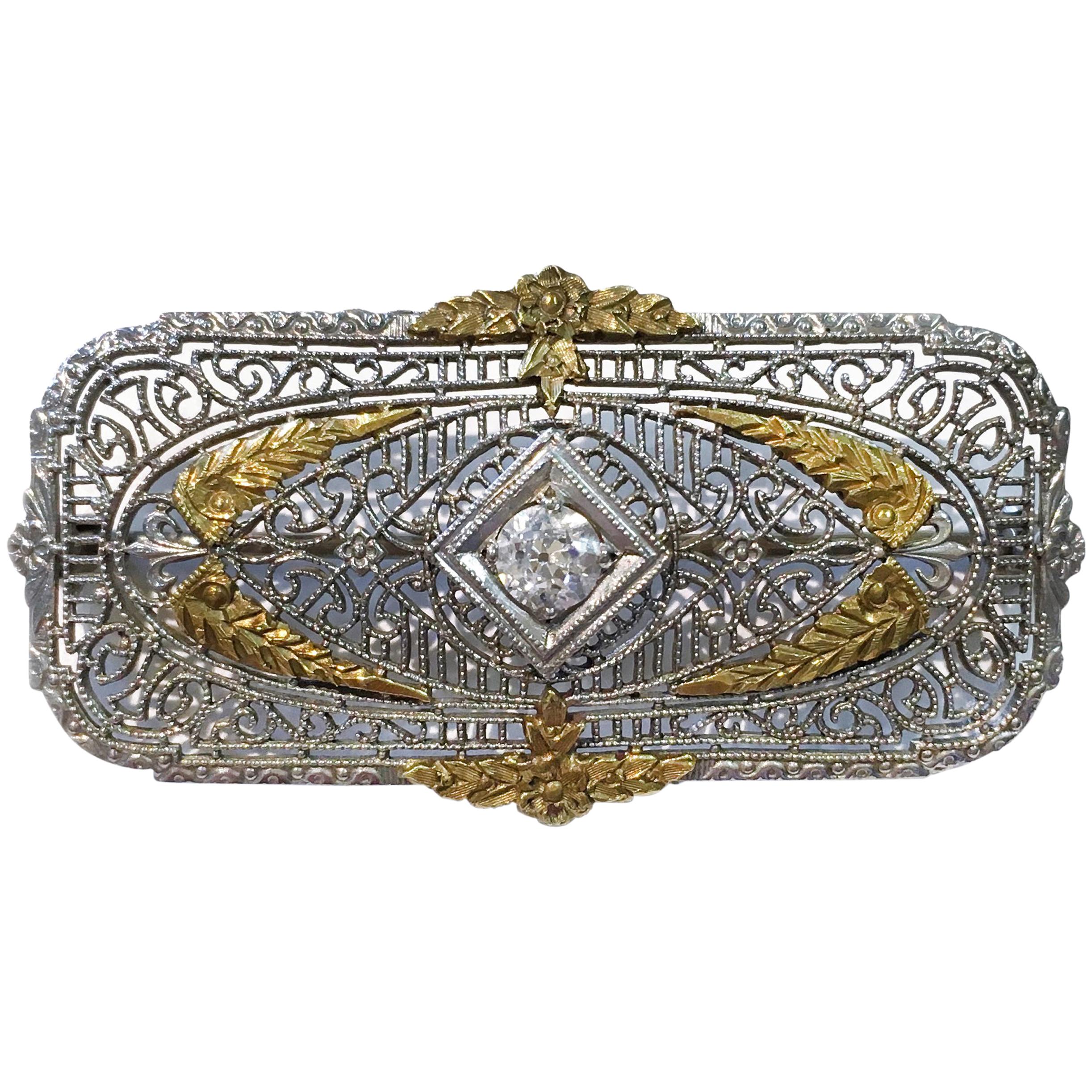 Art Deco Diamond Filigree Platinum 14k Gold Brooch, 0.15 Carat