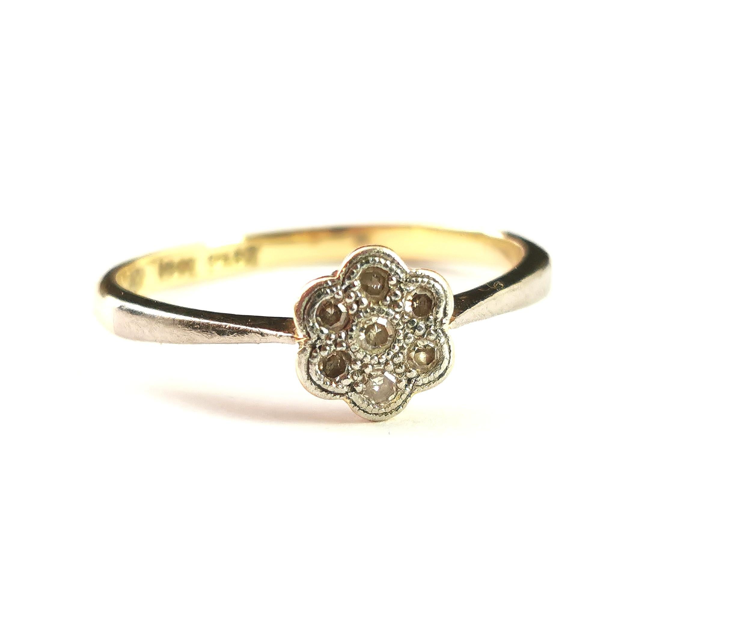 Antique Art Deco diamond flower ring, 18k gold and platinum  6