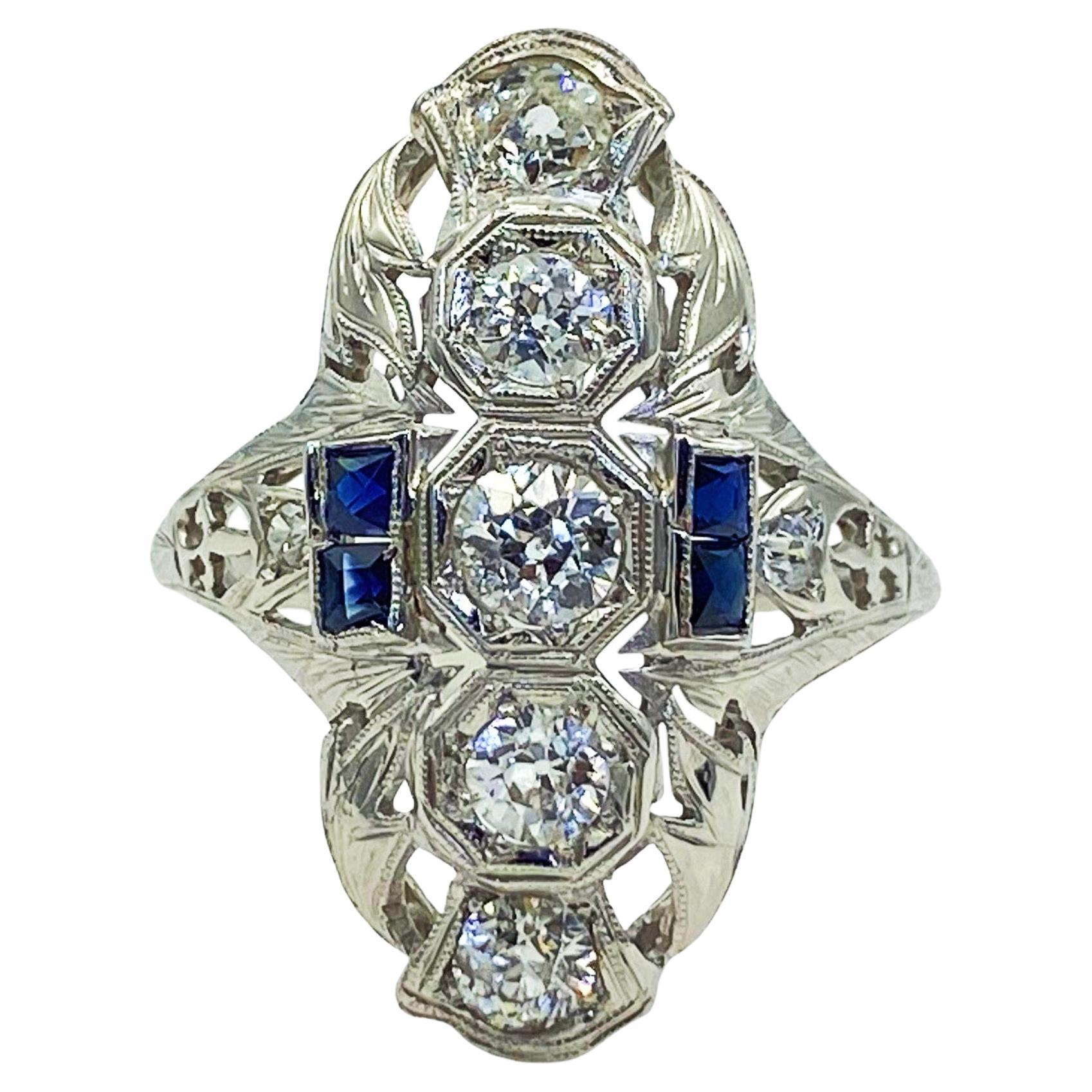 Antique Art Deco 1.5cttw Diamond + Sapphire 18k Gold Shield Cocktail Ring, 1920s For Sale