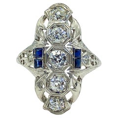 Antique Art Deco 1.5cttw Diamond + Sapphire 18k Gold Shield Cocktail Ring, 1920s