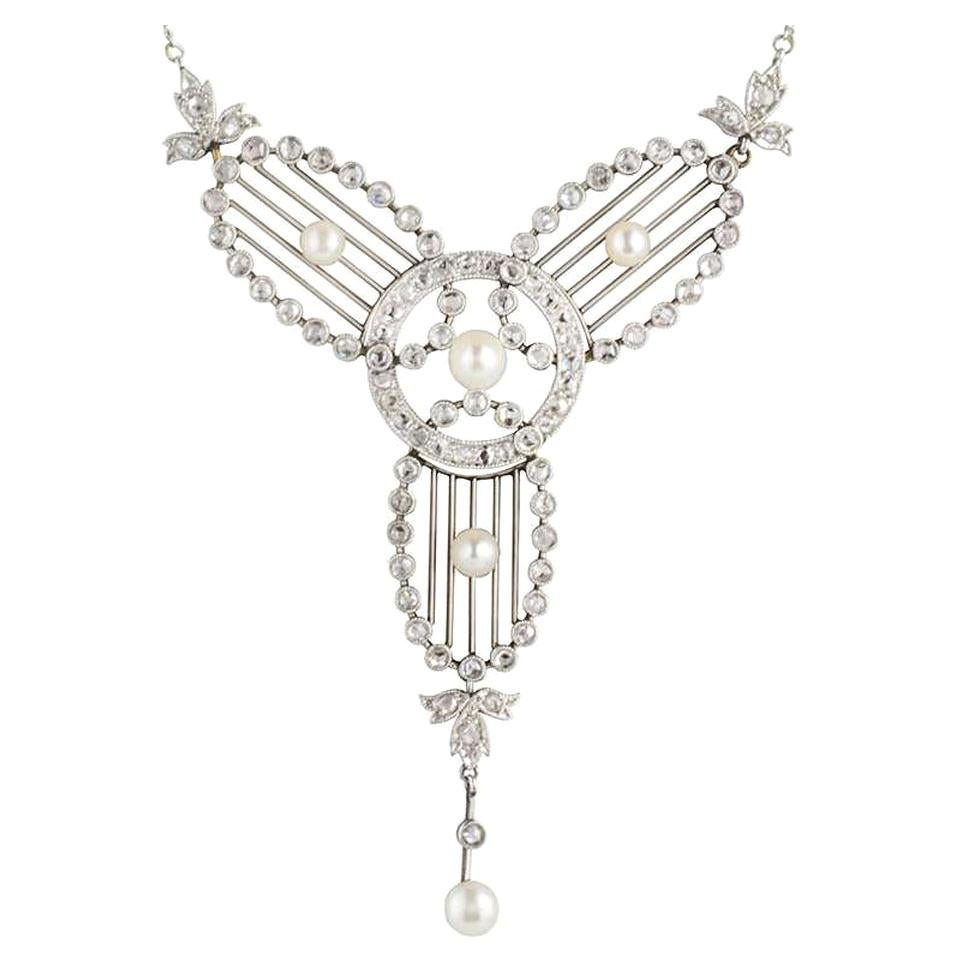 Antique Art Deco Diamond, Pearl and Platinum Necklace