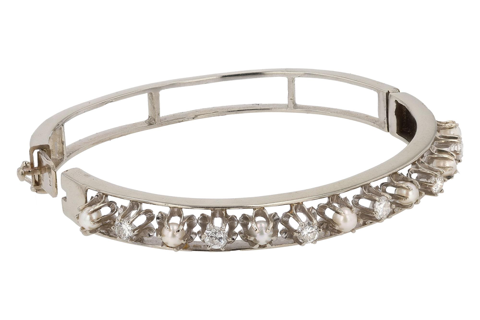  Antique Art Deco Diamond & Pearl Buttercup Bangle Bracelet In Good Condition For Sale In Santa Barbara, CA