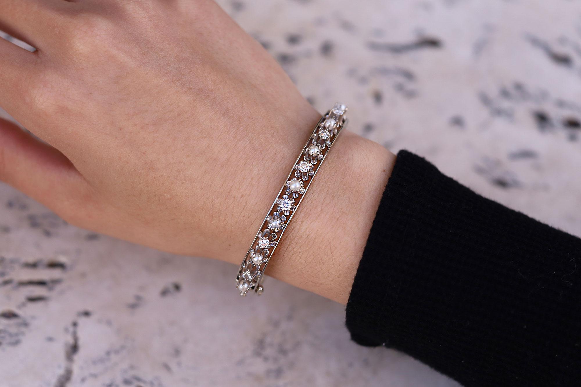 Women's or Men's  Antique Art Deco Diamond & Pearl Buttercup Bangle Bracelet For Sale
