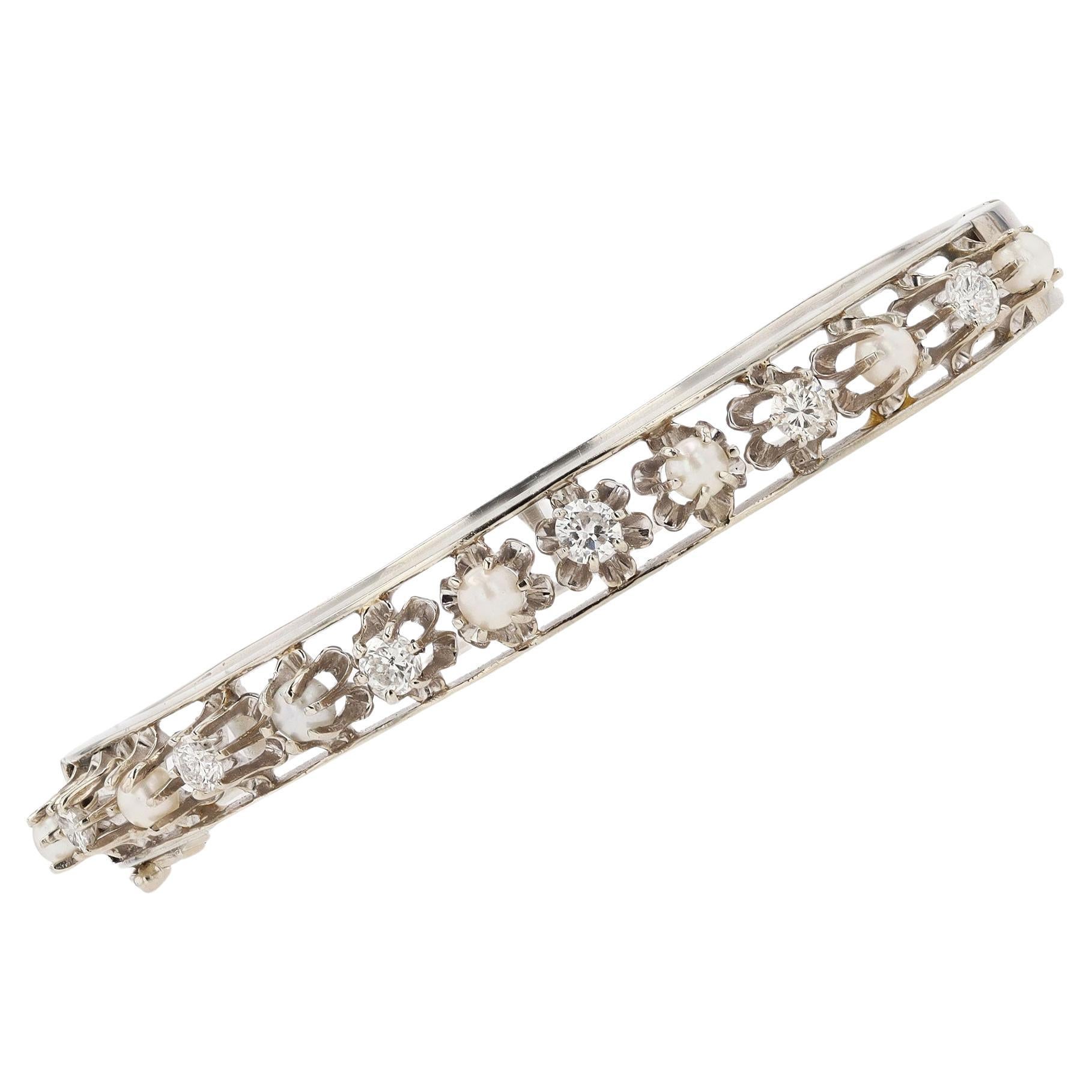  Antique Art Deco Diamond & Pearl Buttercup Bangle Bracelet For Sale