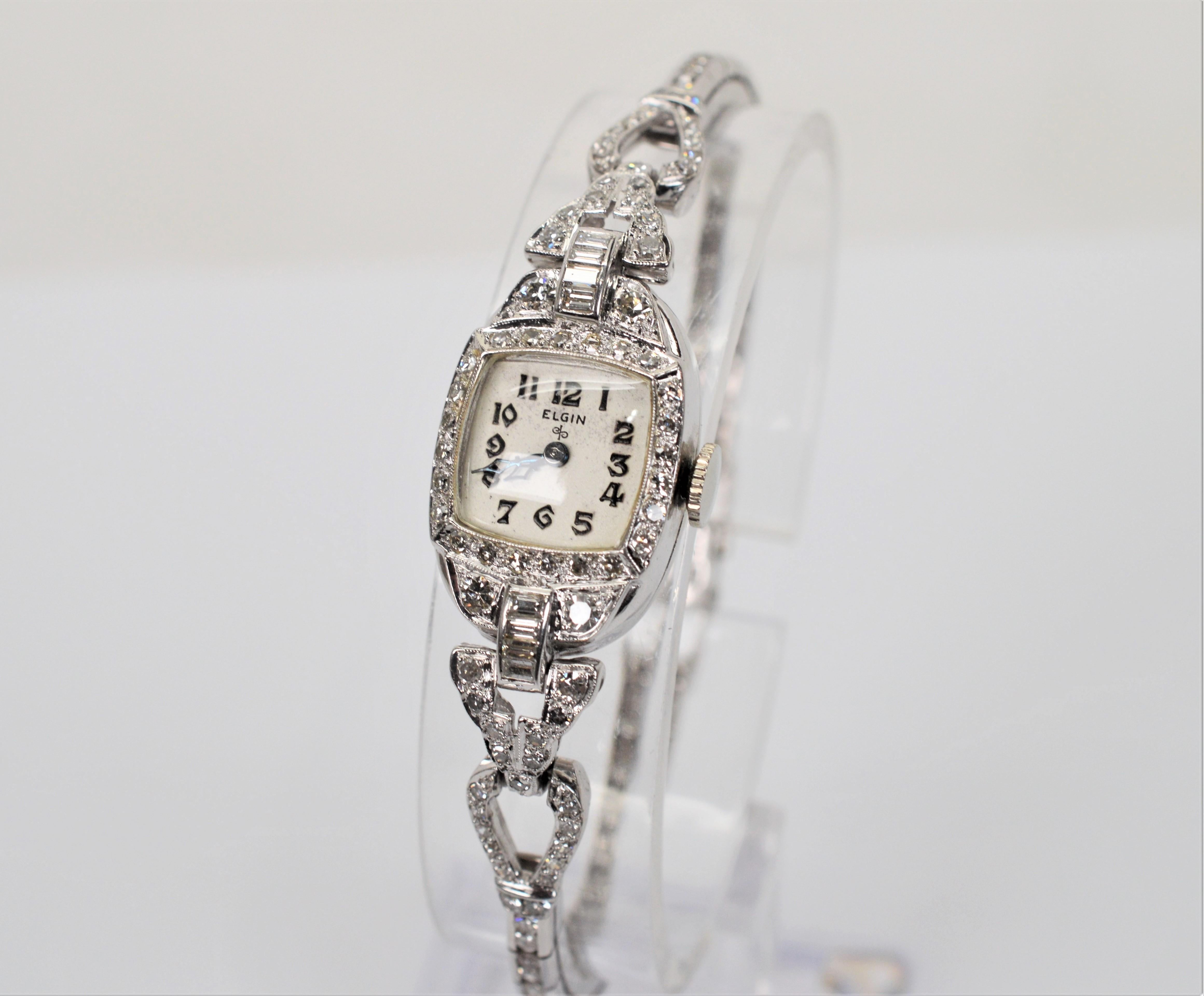 Antike Art Deco Diamant Platin Elgin Damenarmbanduhr (Rundschliff) im Angebot