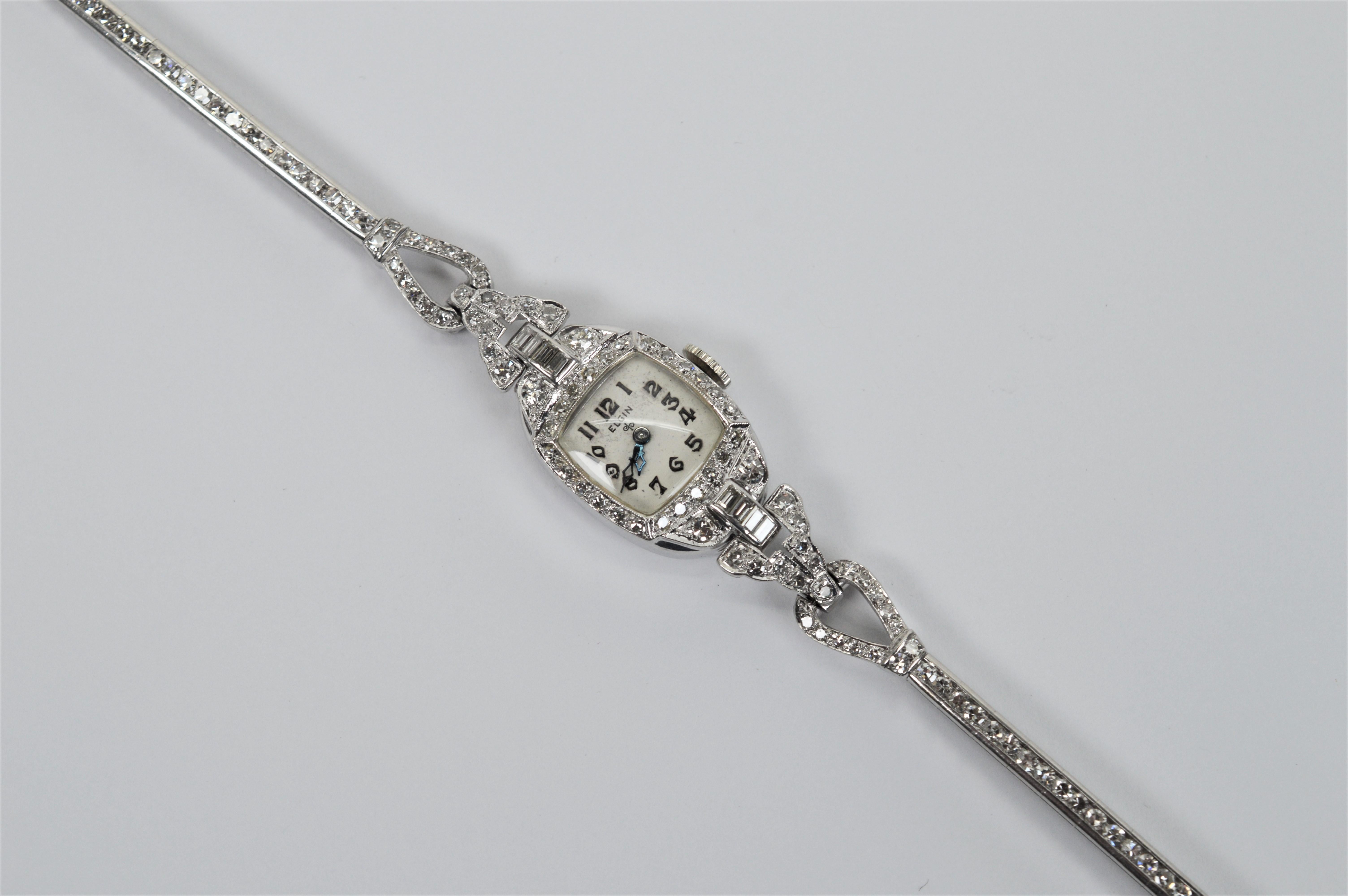 Antike Art Deco Diamant Platin Elgin Damenarmbanduhr im Zustand „Hervorragend“ im Angebot in Mount Kisco, NY