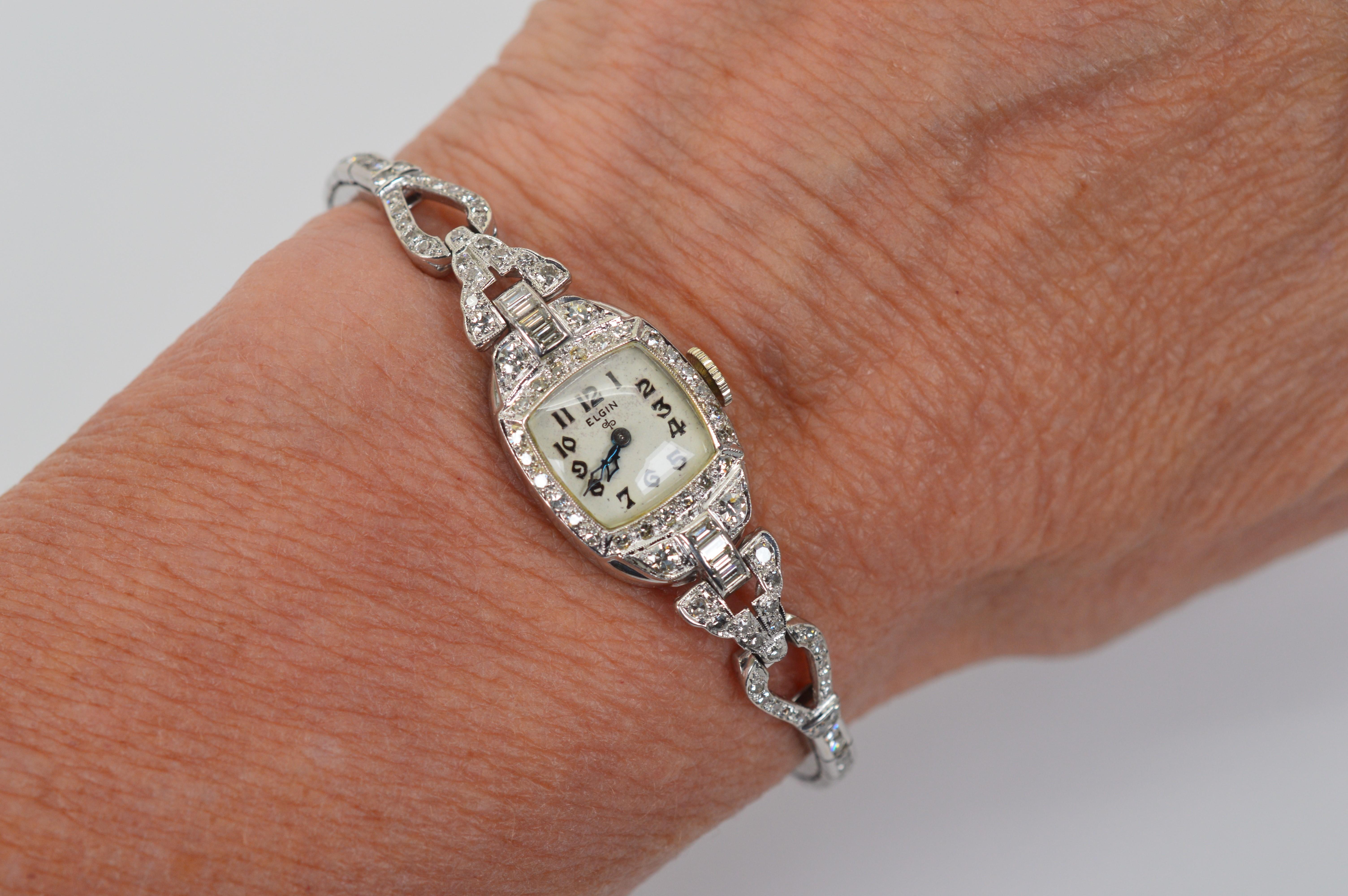 Round Cut Antique Art Deco Diamond Platinum Elgin Ladies Wrist Watch For Sale