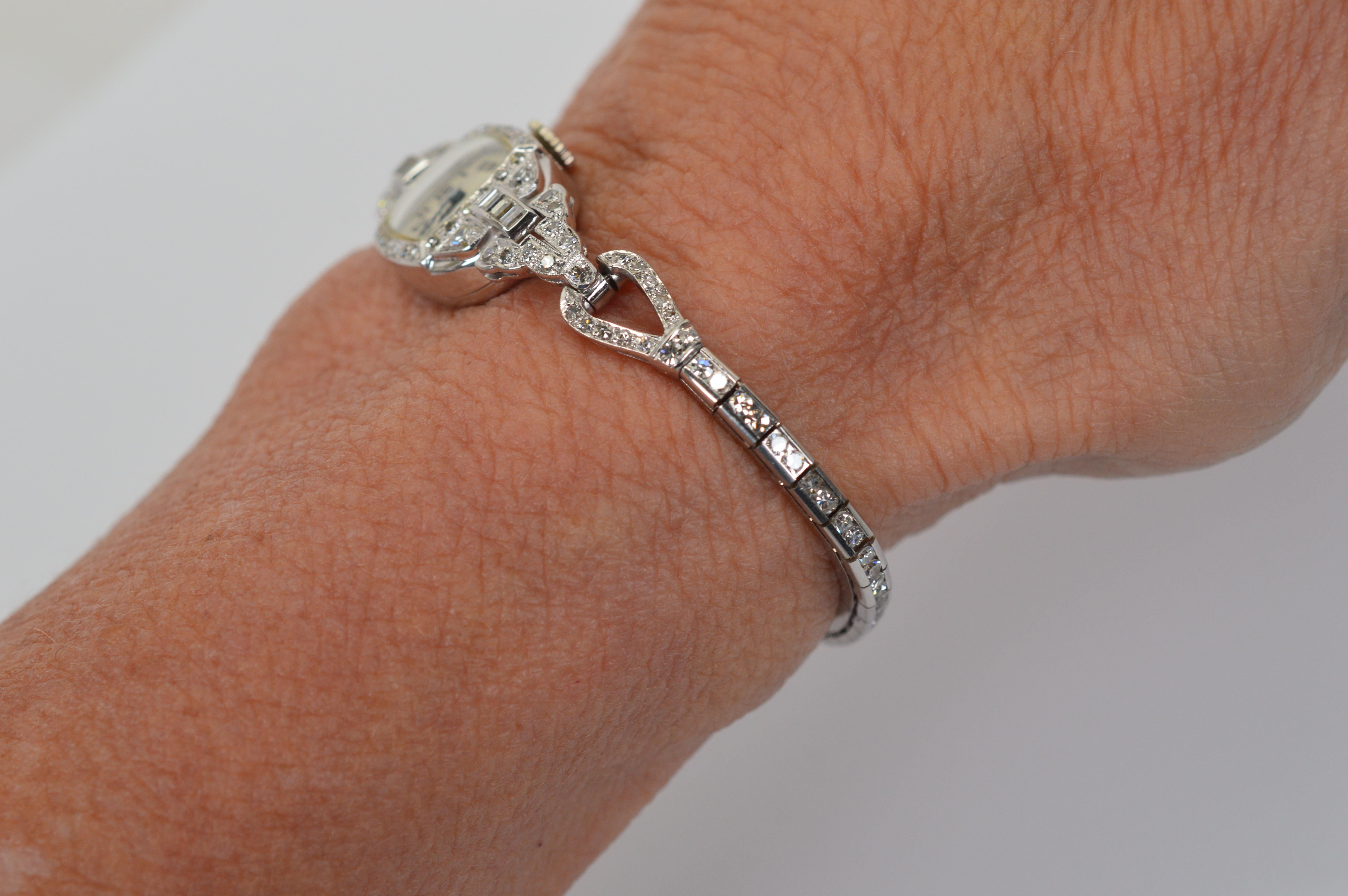 Antique Art Deco Diamond Platinum Elgin Ladies Wrist Watch In Excellent Condition For Sale In Mount Kisco, NY