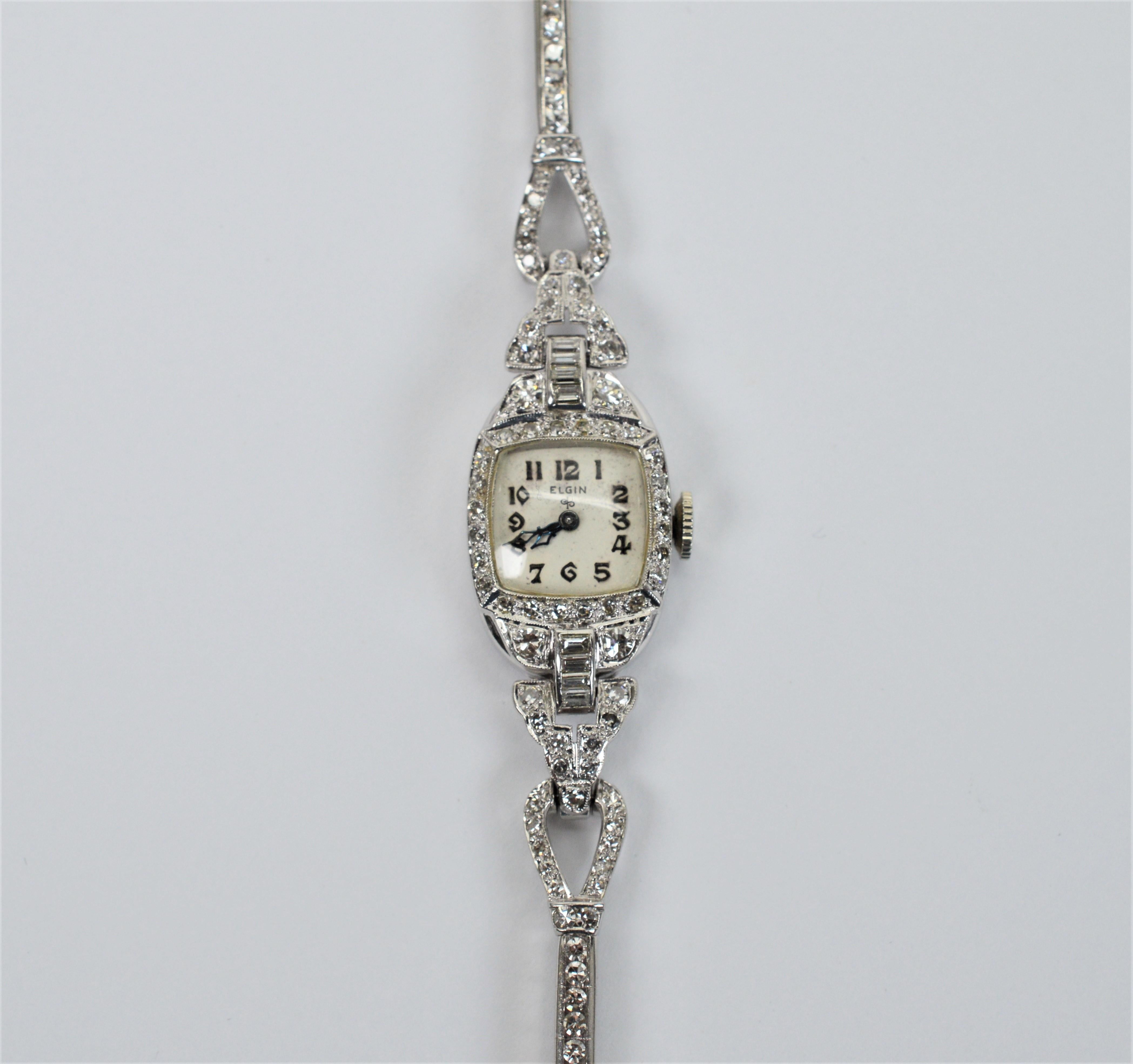 Women's Antique Art Deco Diamond Platinum Elgin Ladies Wrist Watch For Sale