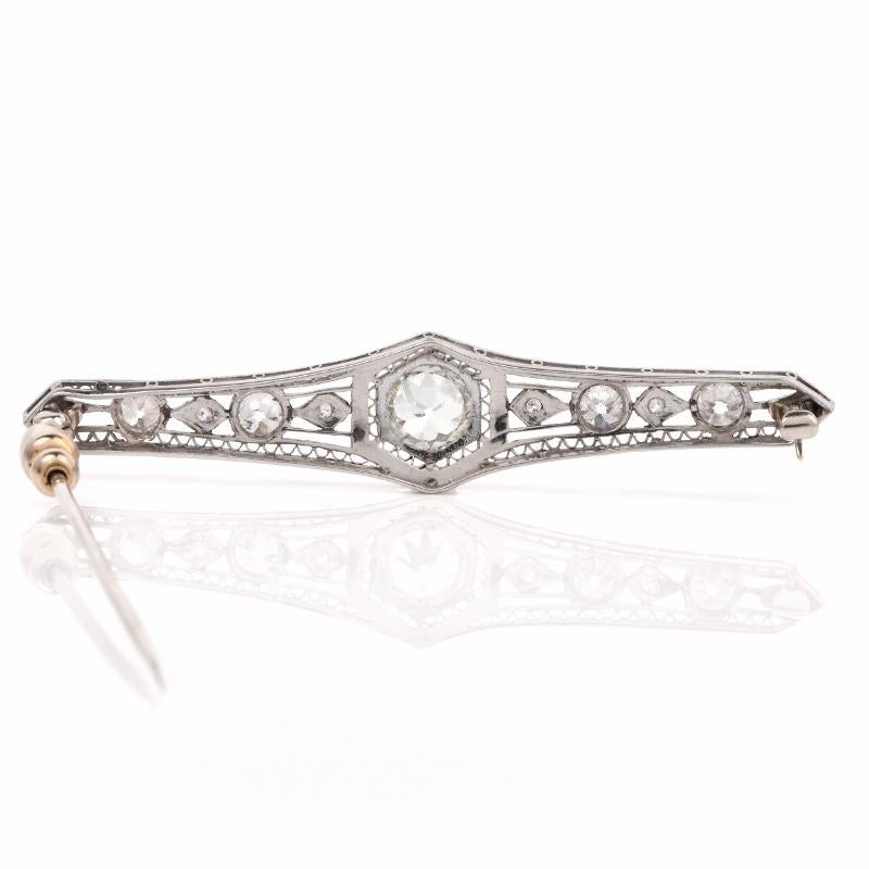 Women's Antique Art Deco Diamond Platinum Filigree Bar Brooch Pin For Sale