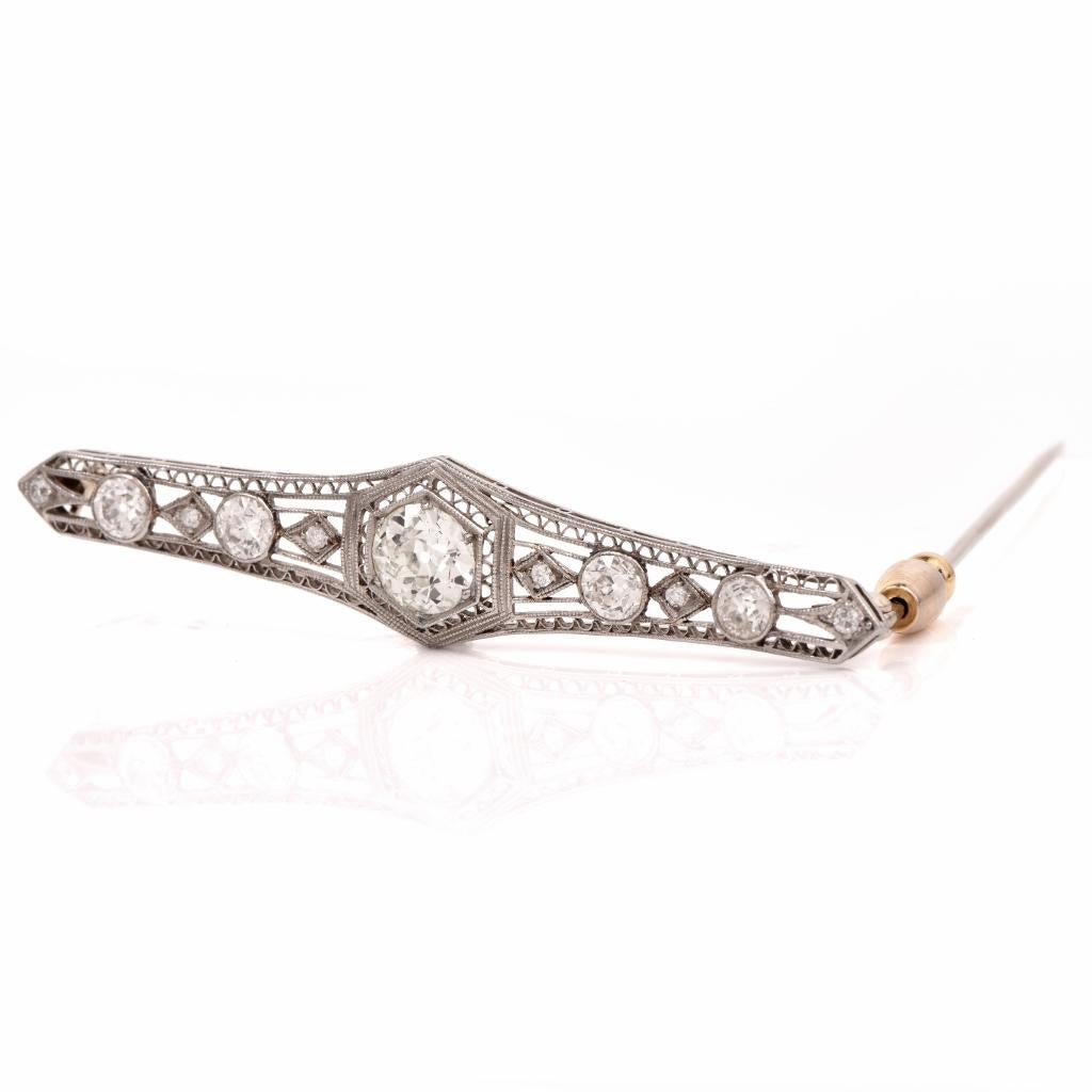 Antique Art Deco Diamond Platinum Filigree Bar Brooch Pin For Sale 1