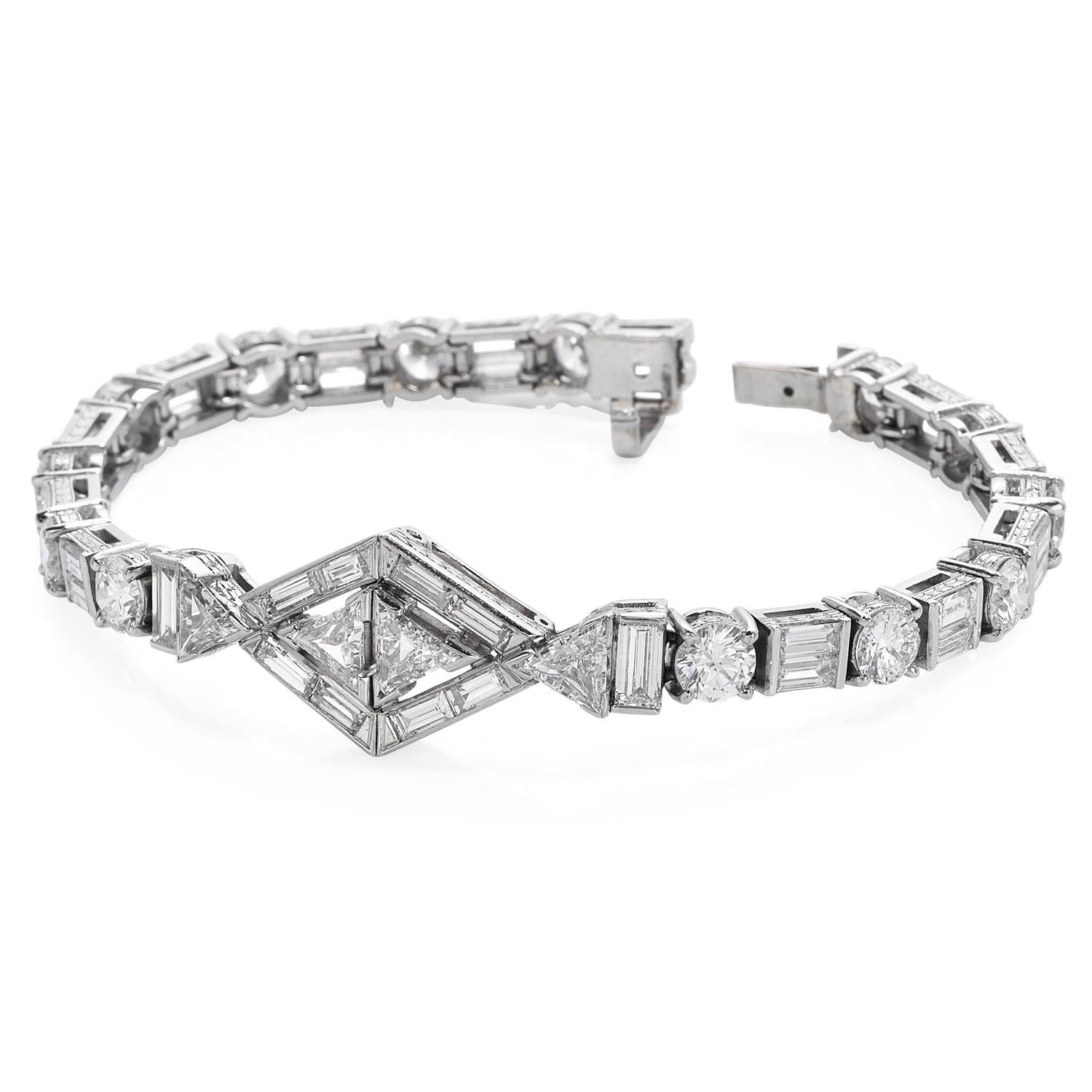 Antikes Art Deco Stil Diamant Platin Geometrische Linie Gliederarmband (Art déco) im Angebot