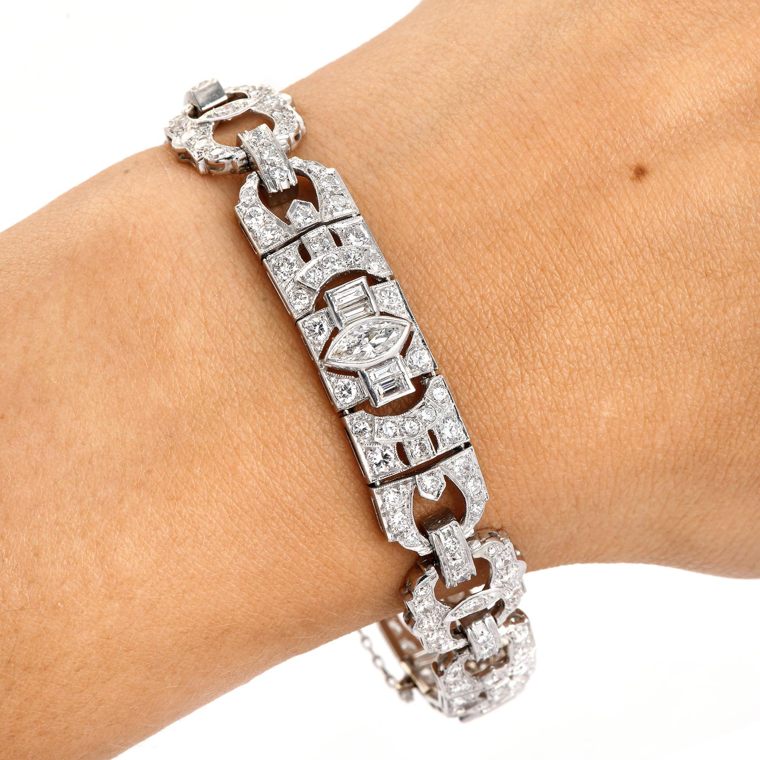 This antique Art Deco Platinum Geometric Style Bracelet is a precise elevation of timeless elegance and sophistication.

Crafted in Solid Platinum, the attention to detail and excellent craftsmanship make this piece easy to match with other diamond