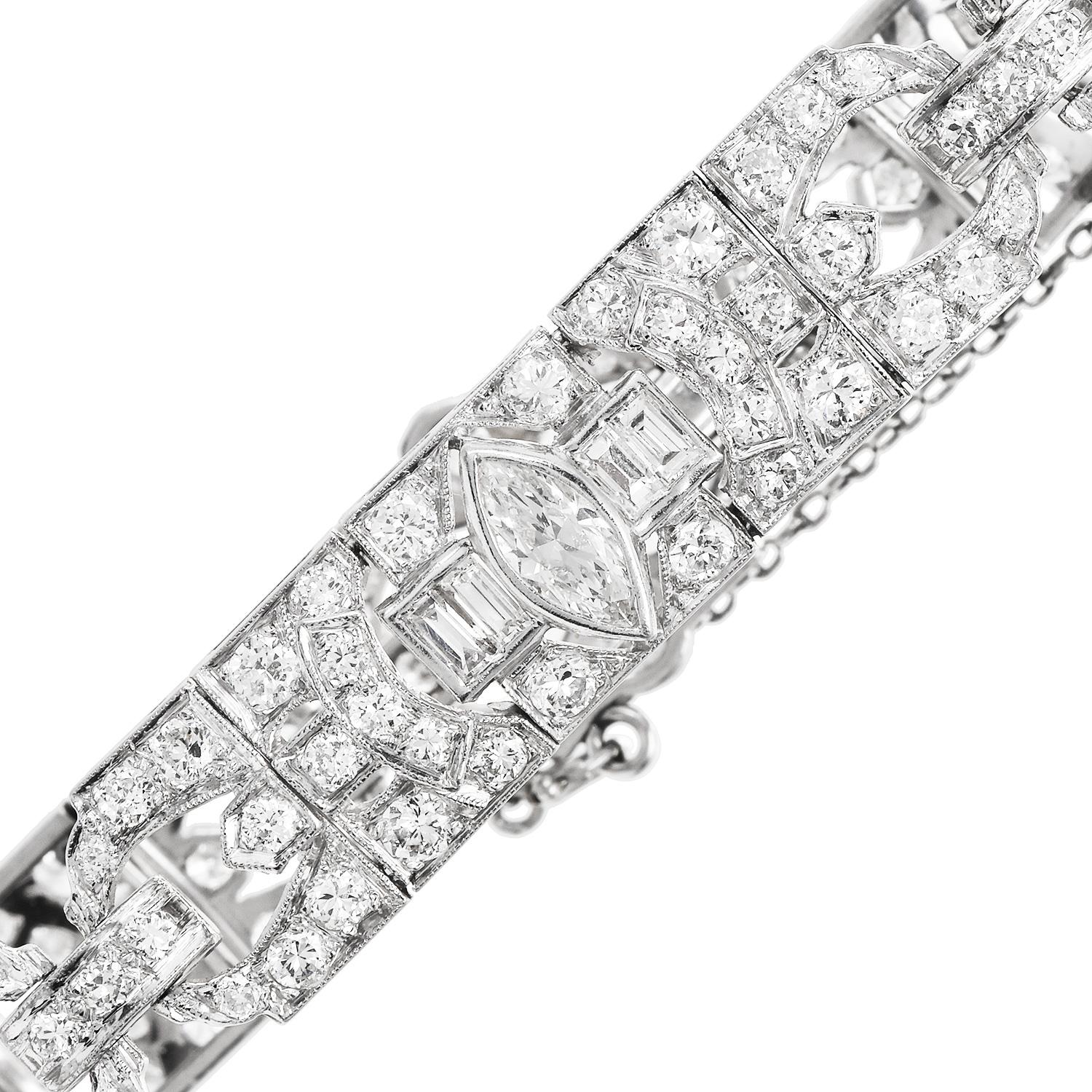 Marquise Cut Antique Art Deco Diamond Platinum Marquise Geometric Link Bracelet