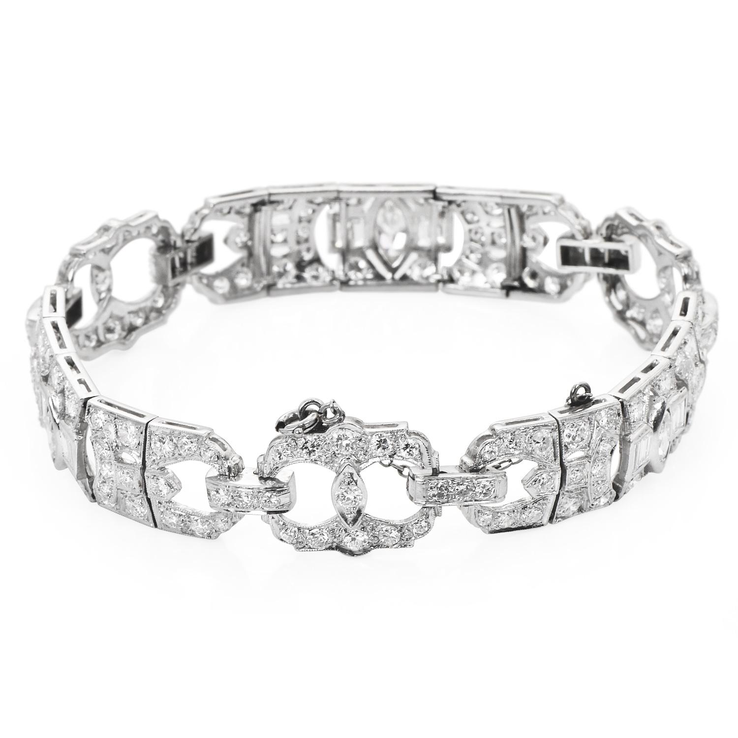 Antique Art Deco Diamond Platinum Marquise Geometric Link Bracelet In Excellent Condition In Miami, FL