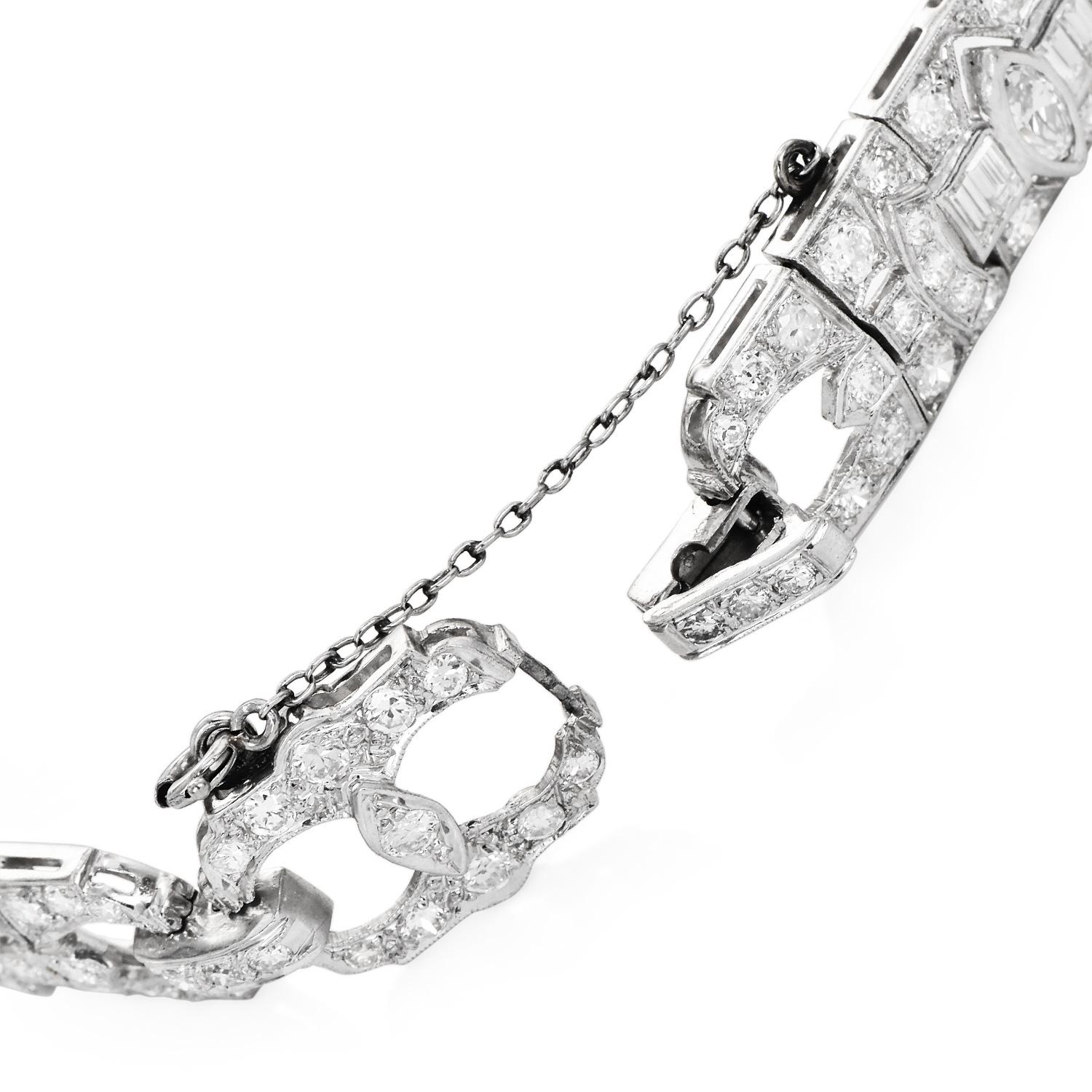 Women's or Men's Antique Art Deco Diamond Platinum Marquise Geometric Link Bracelet