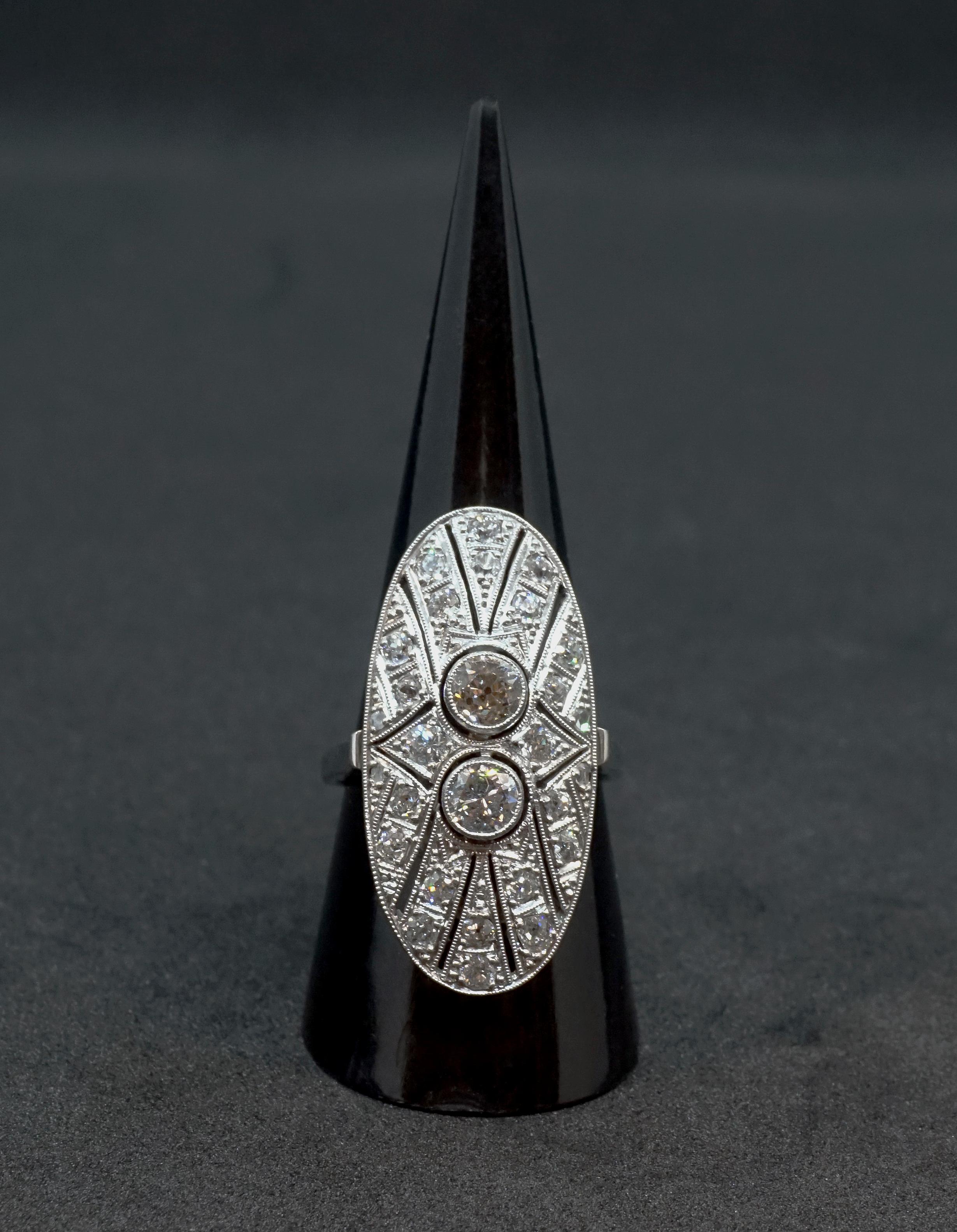 Art Deco Antique Art Déco Diamond Platinum Navette Cocktail Ring, Austria, Around 1925