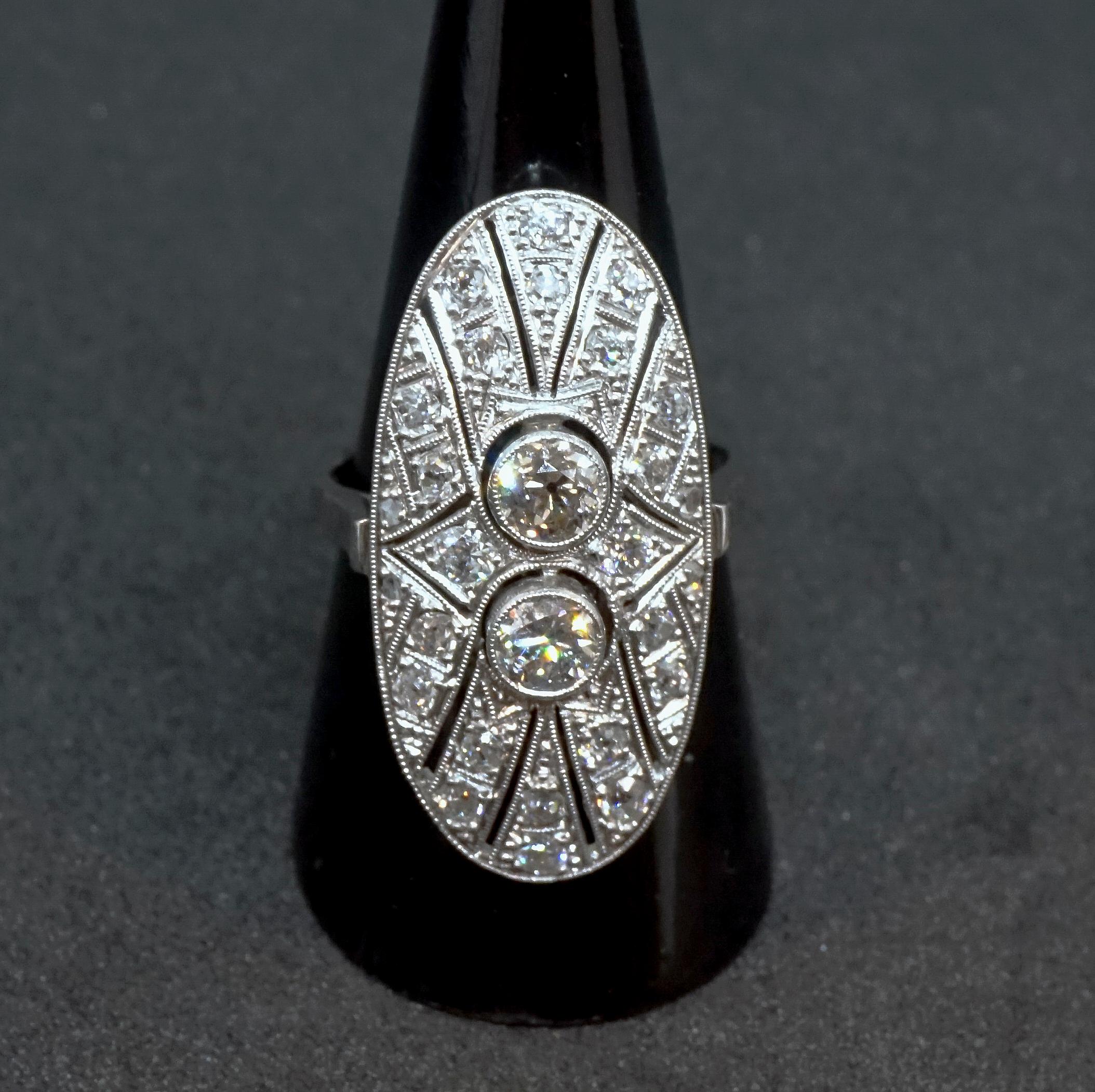 Old European Cut Antique Art Déco Diamond Platinum Navette Cocktail Ring, Austria, Around 1925