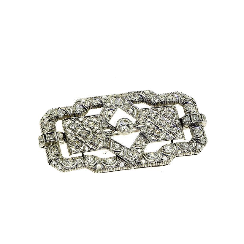 Old European Cut Art Deco Style Diamond Platinum Pendant, Brooch