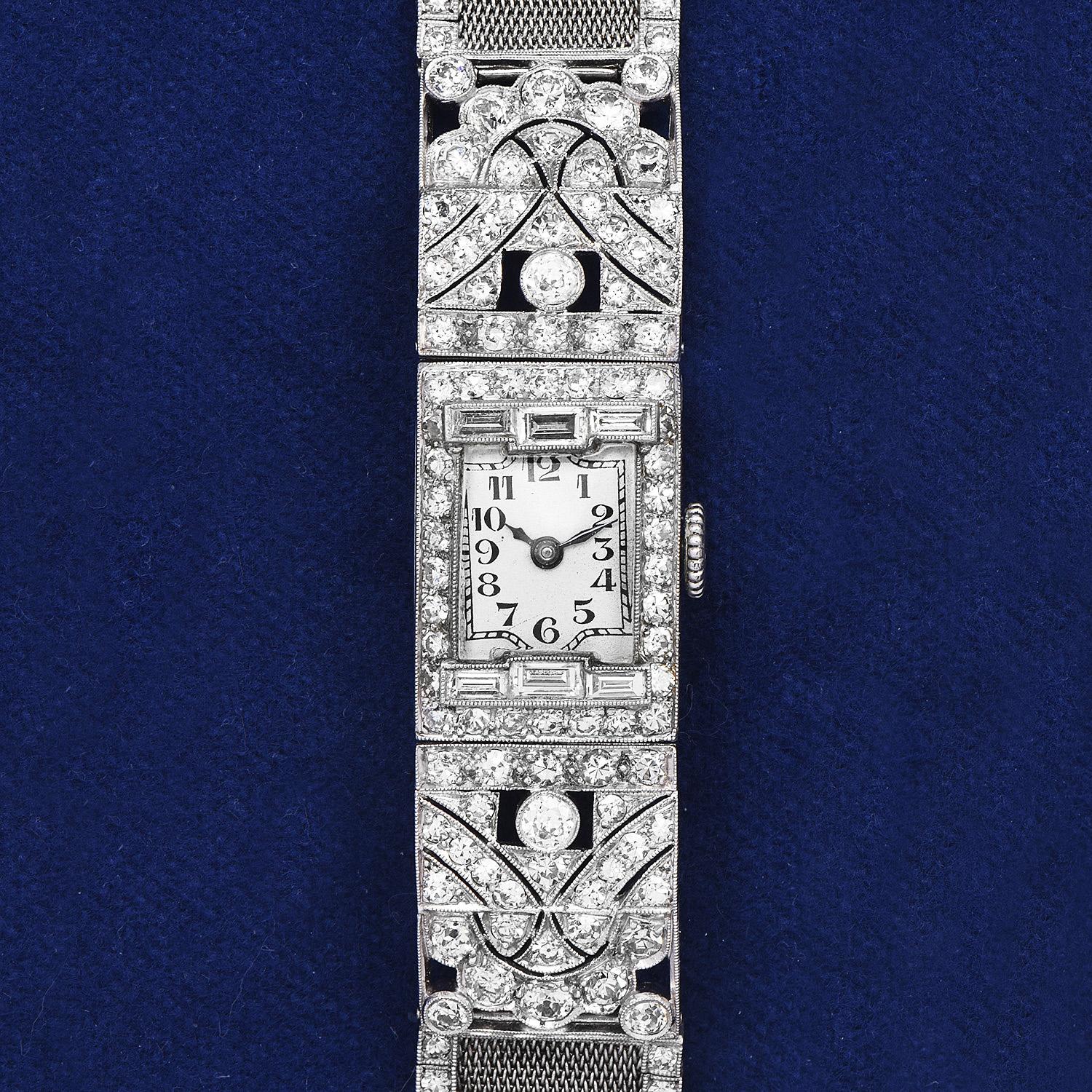 Antike Art Deco Diamant Platin-Cocktailuhr mit Platin-Bezug für Damen, Art déco (Rundschliff)