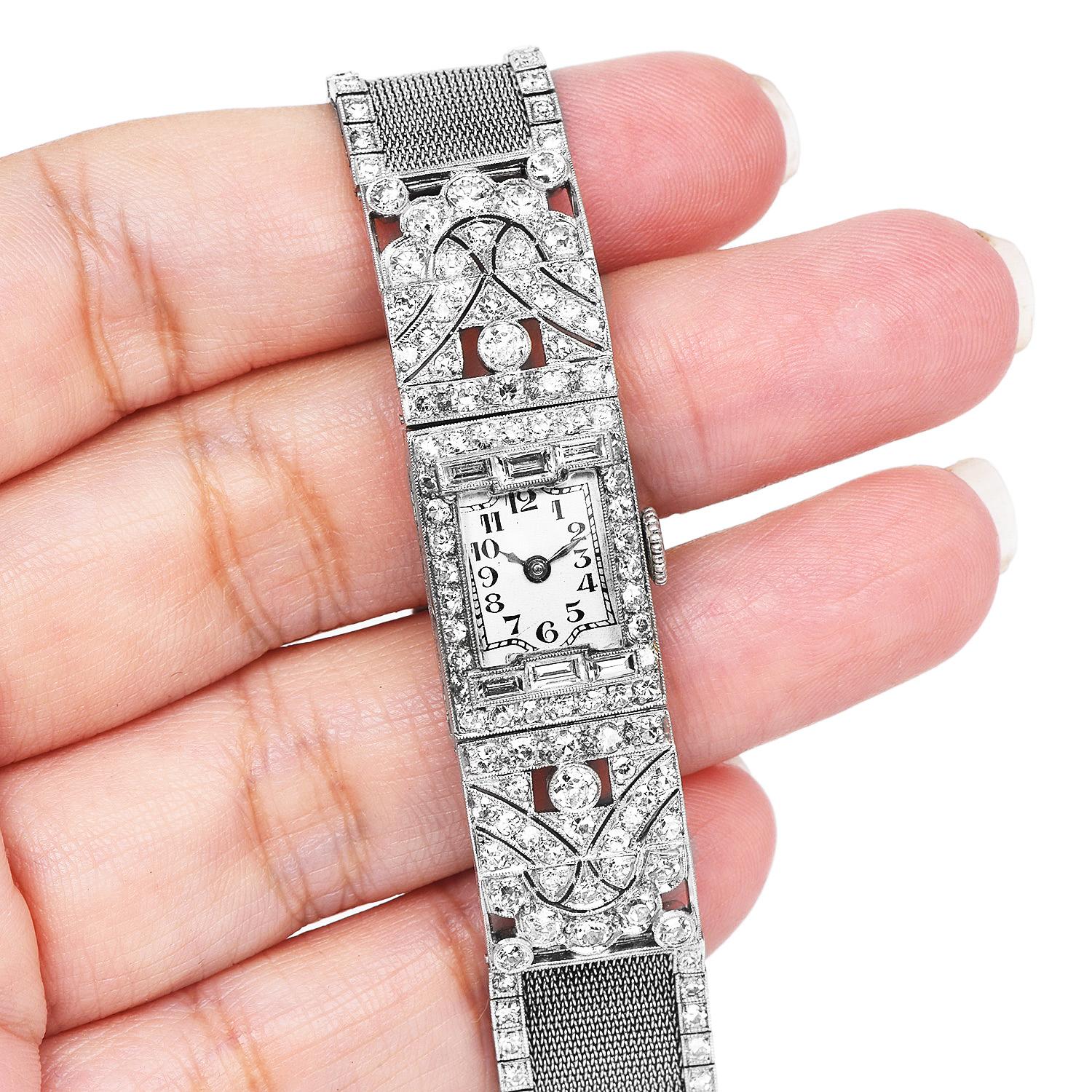 Antike Art Deco Diamant Platin-Cocktailuhr mit Platin-Bezug für Damen, Art déco im Zustand „Hervorragend“ in Miami, FL