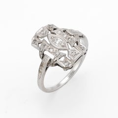Antique Art Deco Diamond Ring Platinum Square Embossed Cocktail Vintage