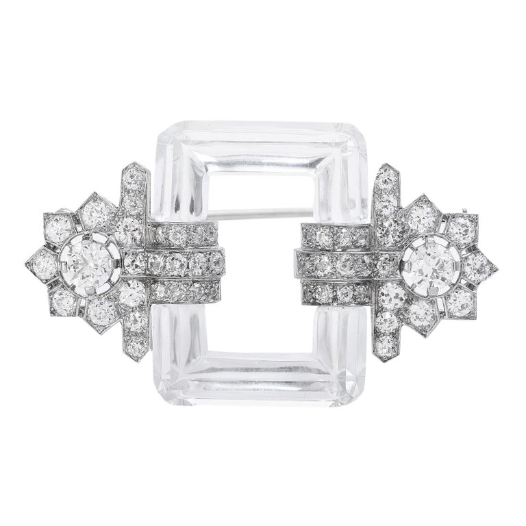 Antique Art Deco Diamond Rock Crystal Platinum Large Brooch Pin For
