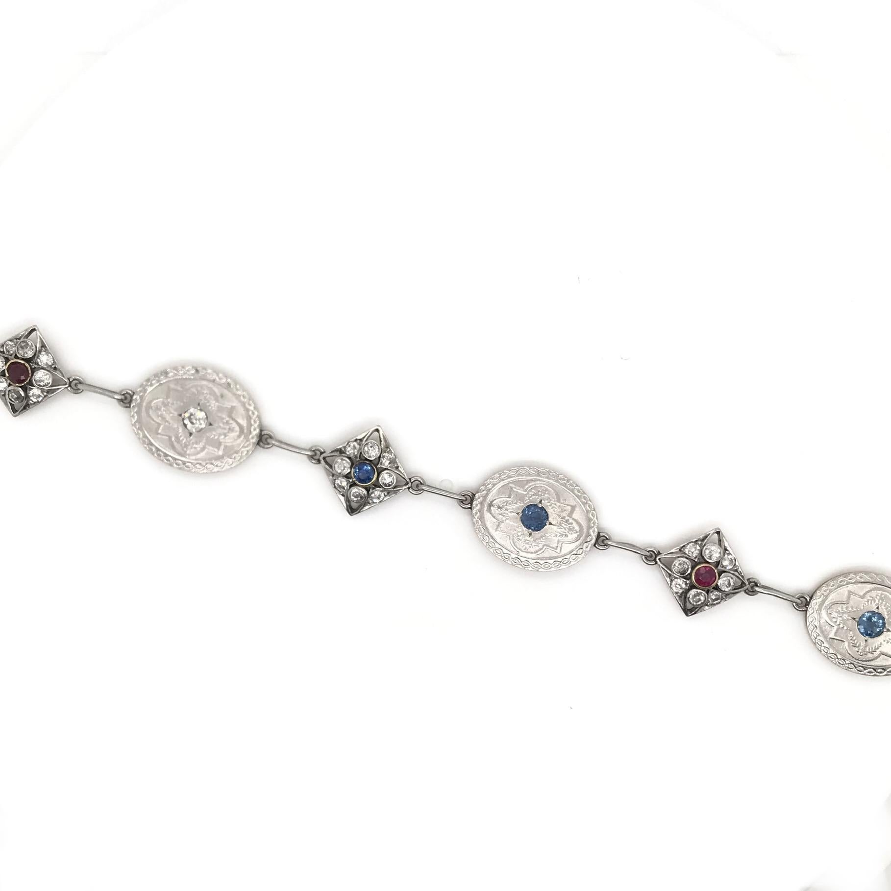Antique Art Deco Diamond Sapphire and Ruby Charm Bracelet 2