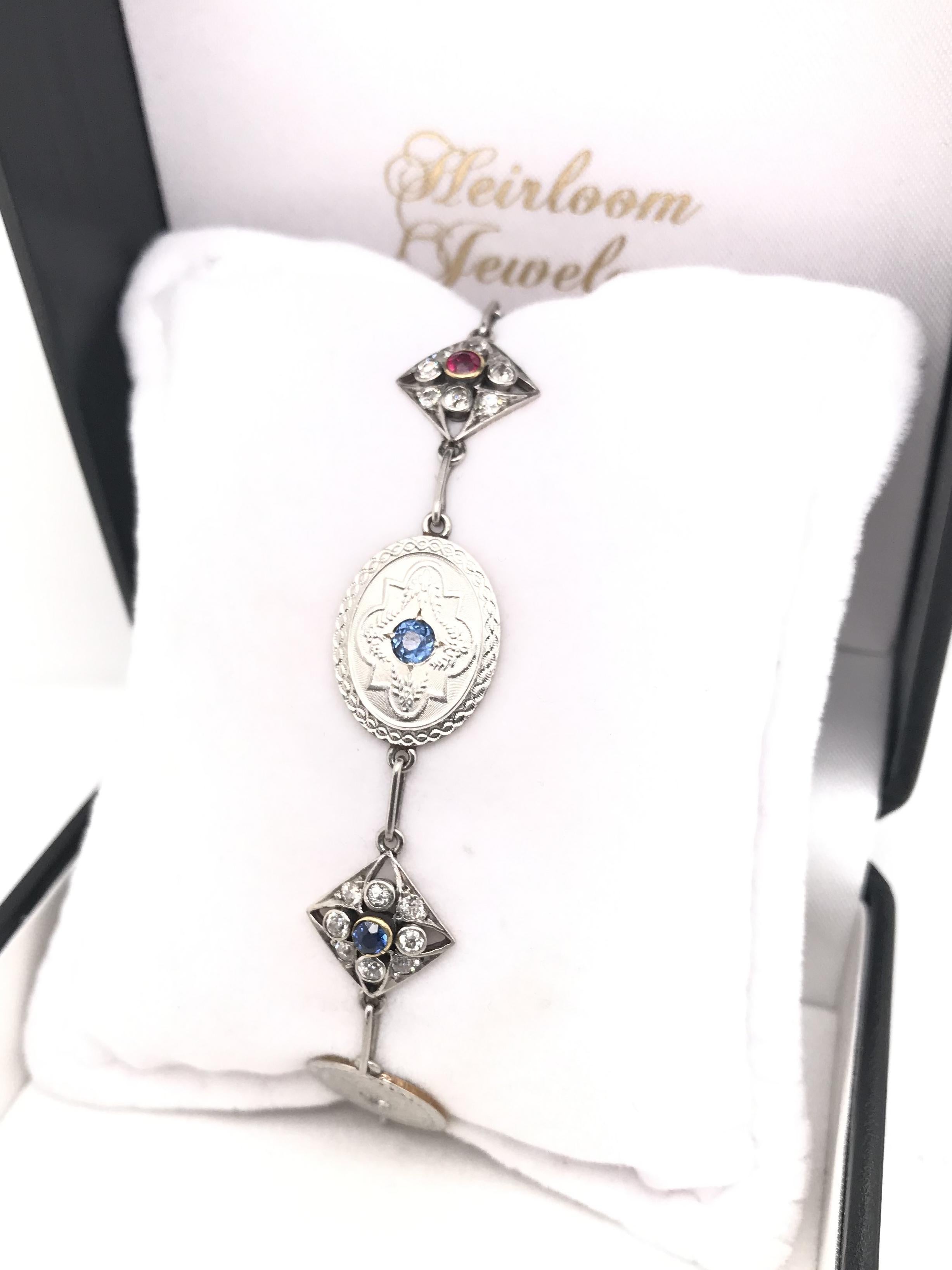 Antique Art Deco Diamond Sapphire and Ruby Charm Bracelet For Sale 3