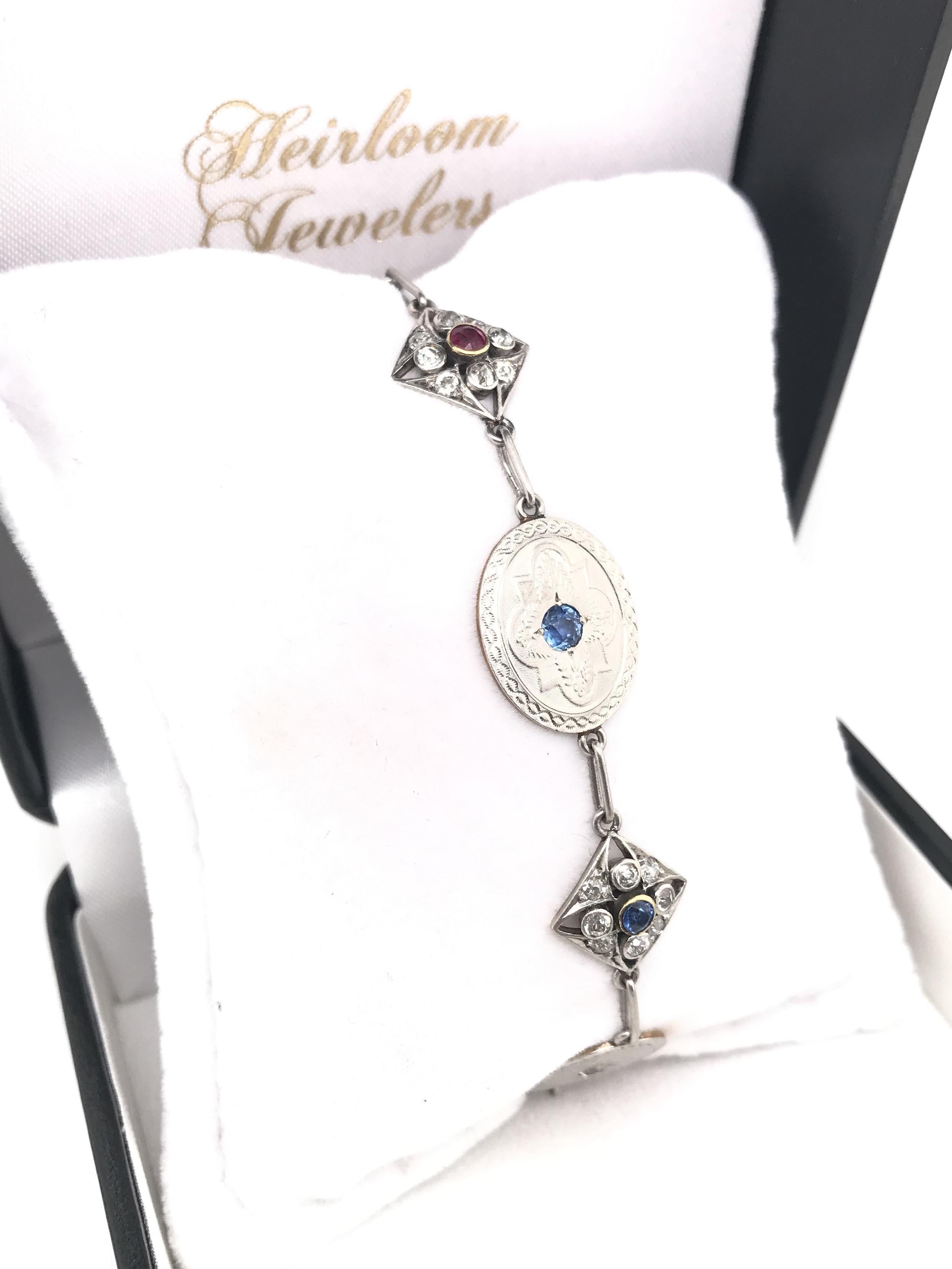 Antique Art Deco Diamond Sapphire and Ruby Charm Bracelet 3